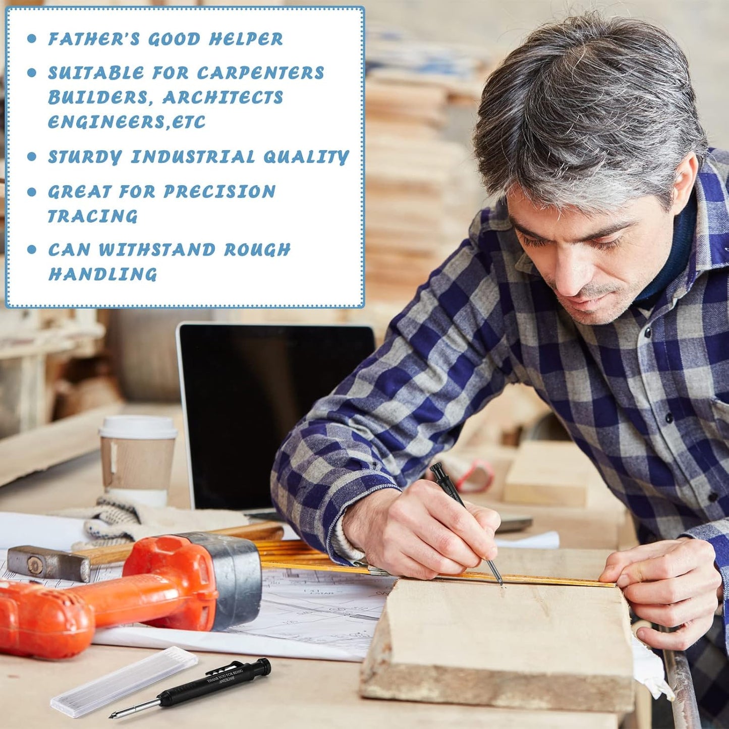 Colarr 10 Pcs Mechanical Carpenter Pencil with 60 Refill Deep Hole Mechanical Pencil Marker with Sharpener Black Solid for Carpentry Architect Birthday Thanksgiving Gift