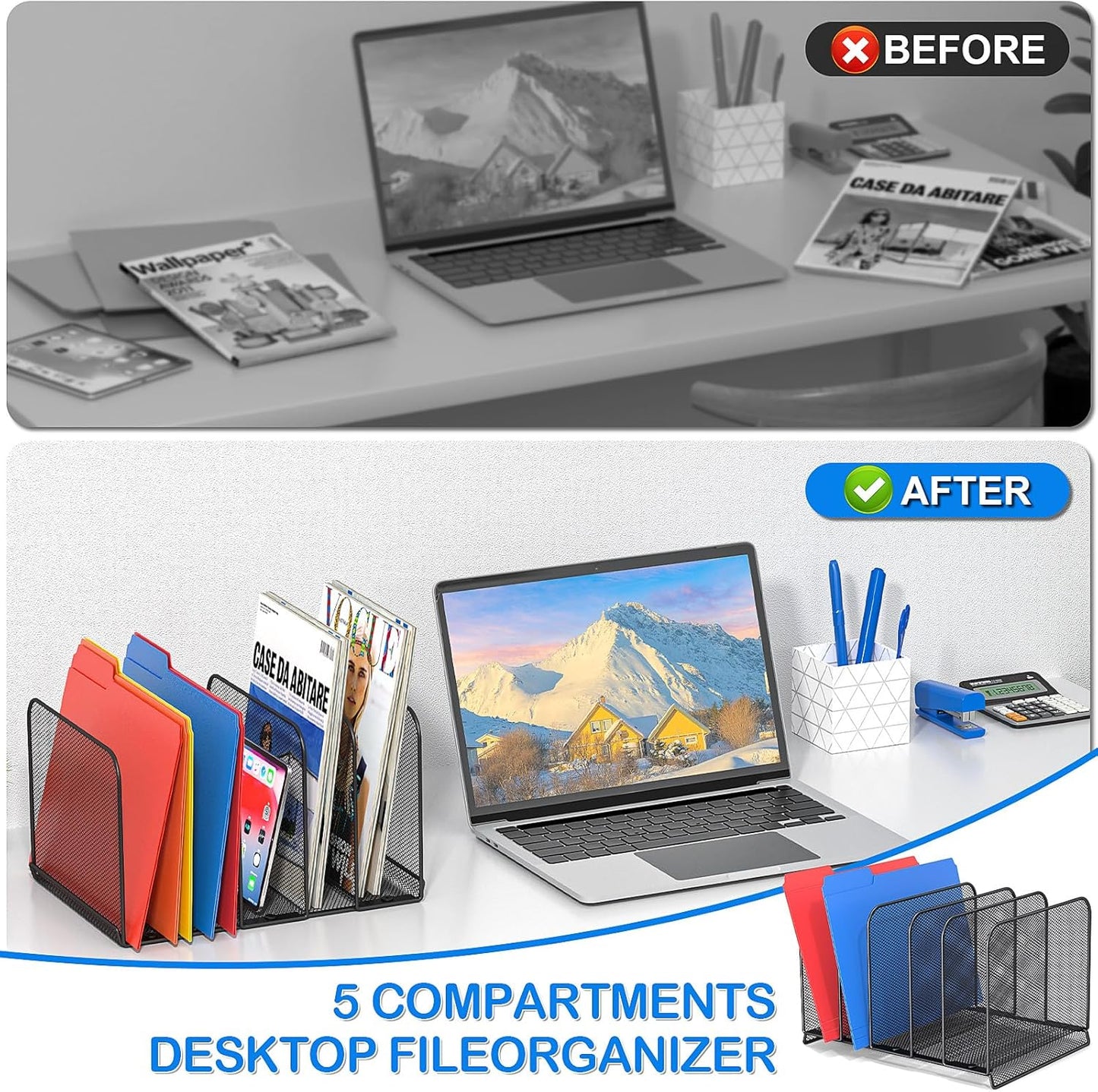 5 Sections Desk File Holder/Rack/Sorter,Mesh File Organizer,File Folder Organizer,Metal Upright Desktop Organization for Documents,Magazine,Kitchenware,Antiskid,Antirust,Sturdy,1 Pack