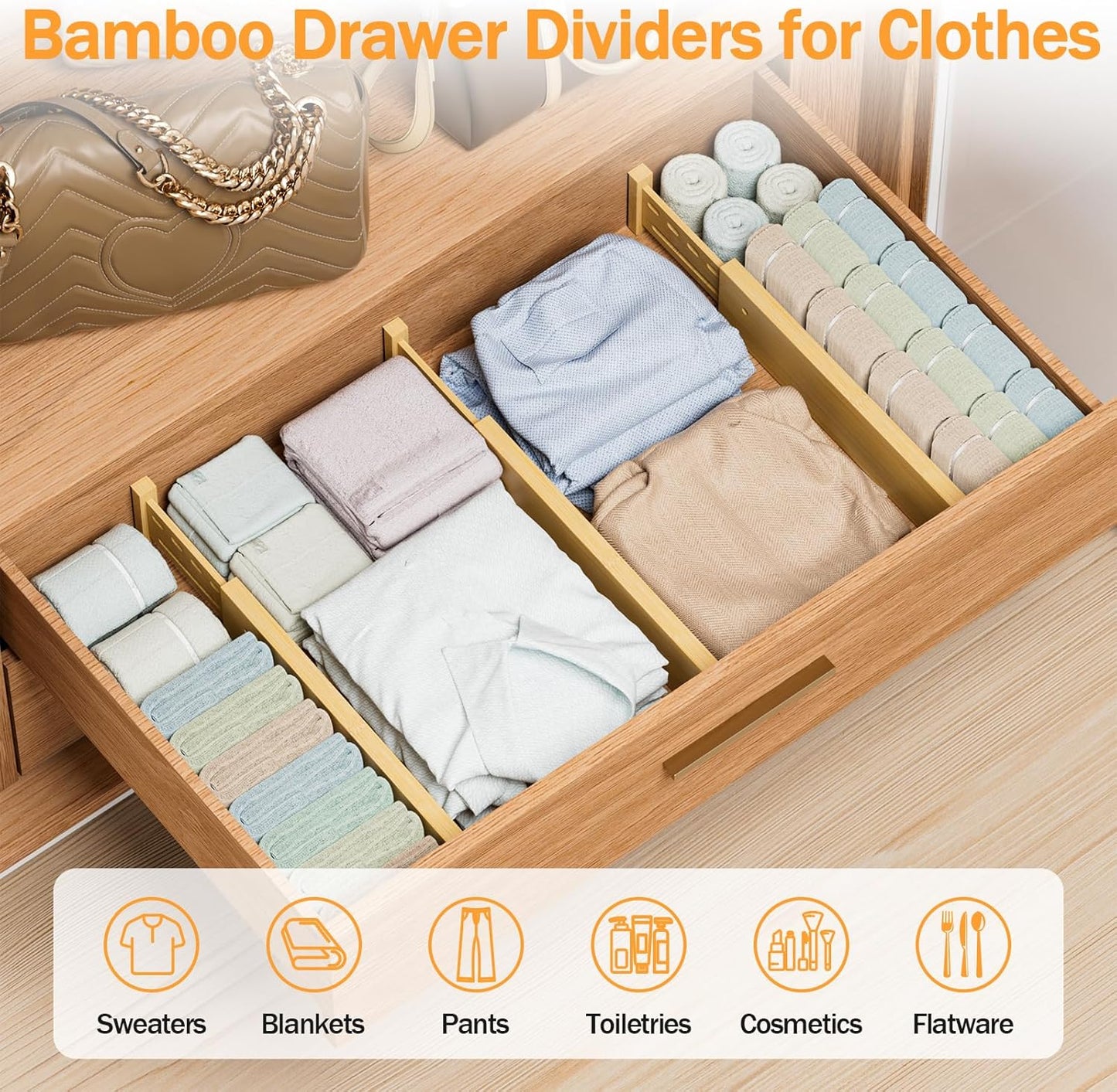 Bamboo Drawer Dividers 4" High, 16.5-22" Adjustable Drawer Organizers for Clothes,Expandable Dresser Separators in Bedroom/Kitchen/Bathroom/Office Organization and Storage,2 Pack