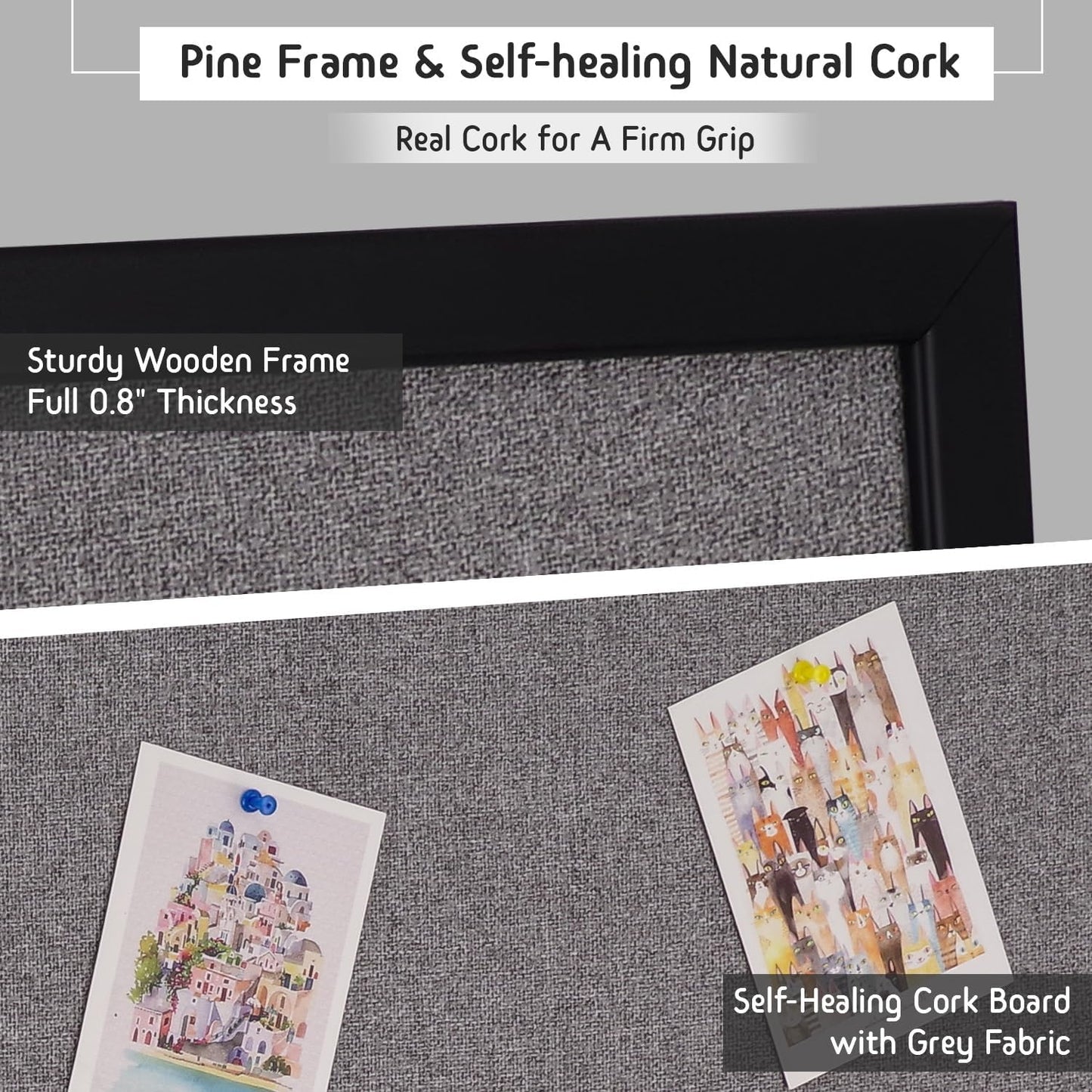 Bulletin Board 36 x 24 Inch, 100% Wood Framed Canvas Cork Board with Grey Fabric, Wall Mounted Notice Board for Home Office School