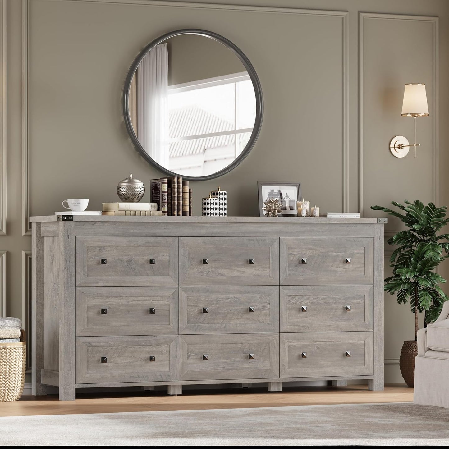 9-Drawer Dresser, Modern Wooden Storage Chest of Drawers, Dresser TV Stand, Wood Drawer Organizer with Metal Handles for Bedroom, Living Room, Hallway