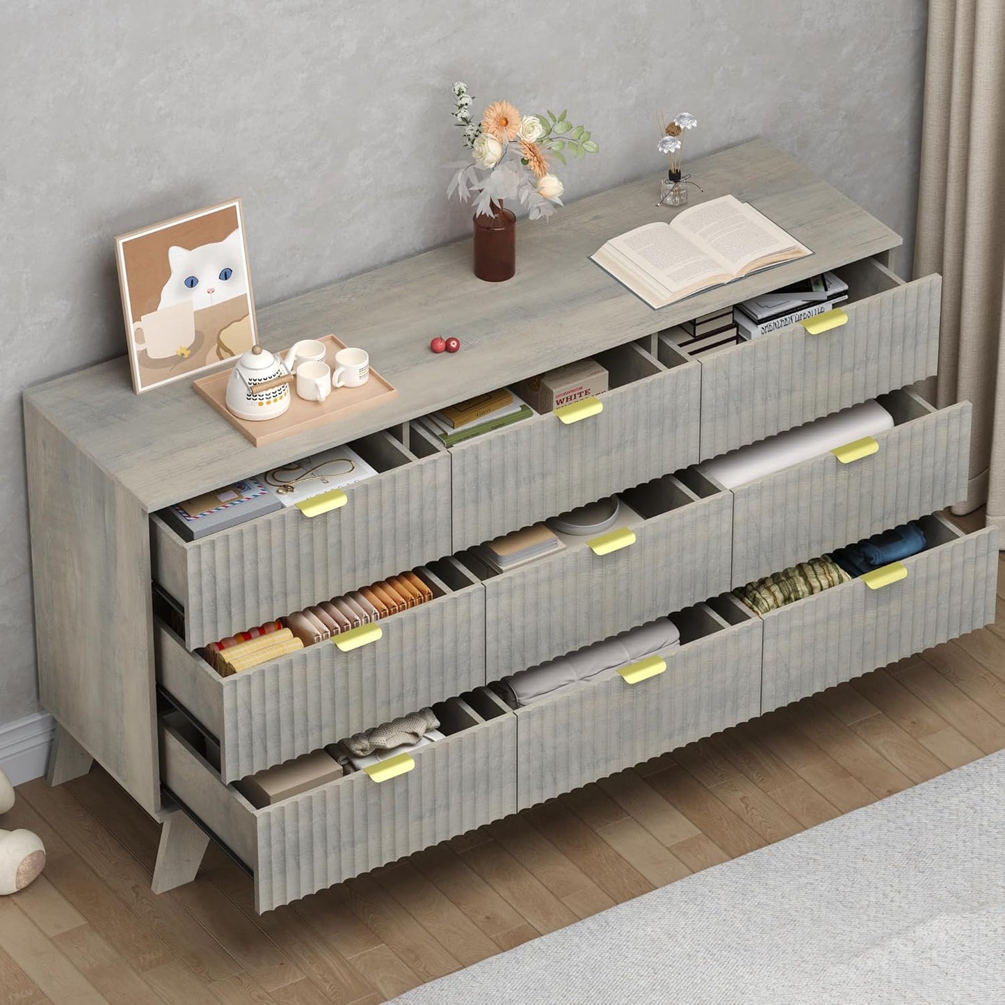 Fluted 9 Drawer Dresser, 57.1" Wide Modern Boho Chest of Drawers, Wooden Storage Dresser TV Stand for Bedroom, Living Room, Closet, Hallway, Curved Profile Design