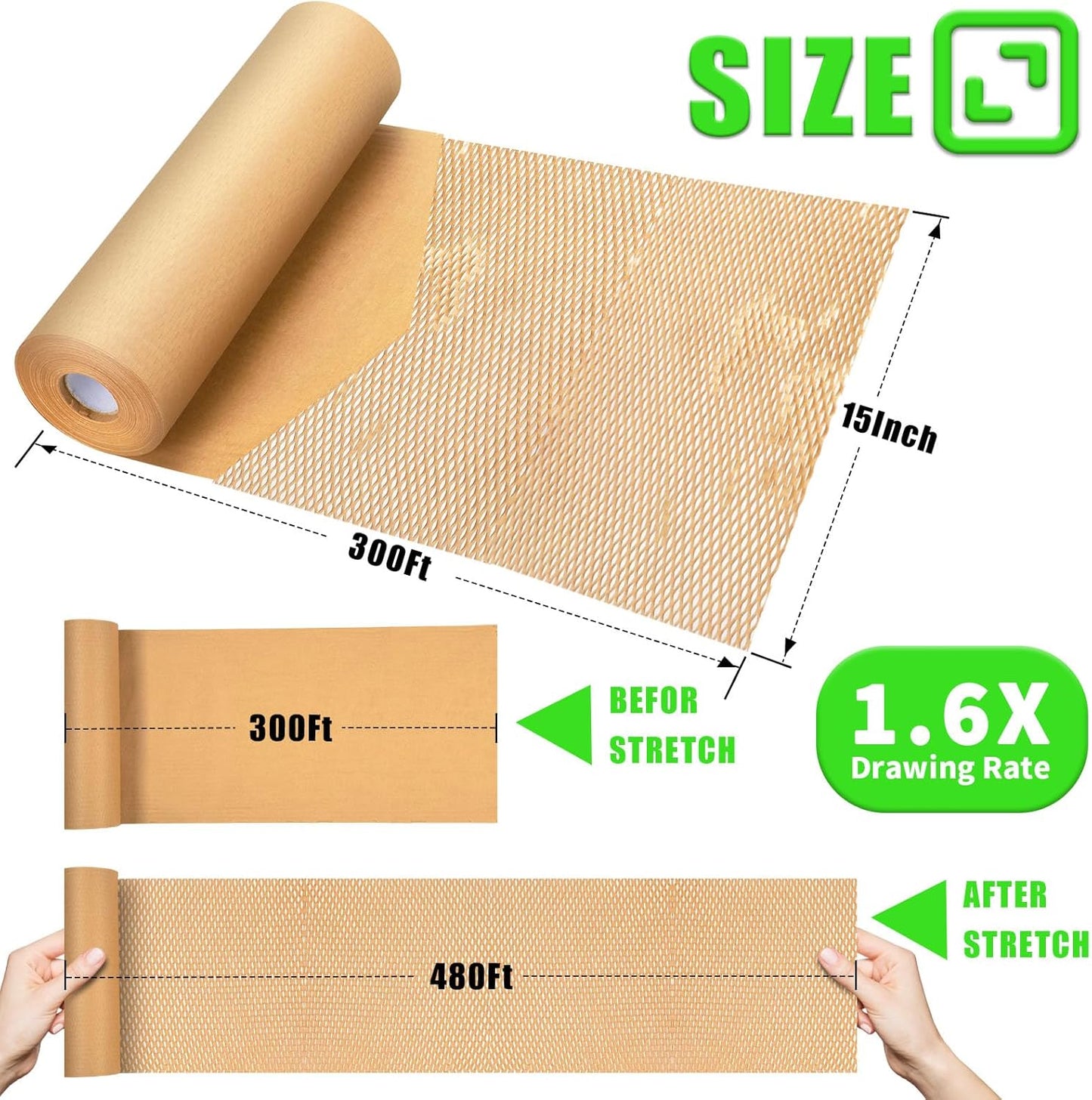 Honeycomb Packing Paper, MINHAO 15"x300' Eco Friendly Packing Paper for Moving Recyclable Honeycomb Paper Moving Supplies Bubble Paper Wrapping Protective Roll, With 36 Fragile Sticker Labels