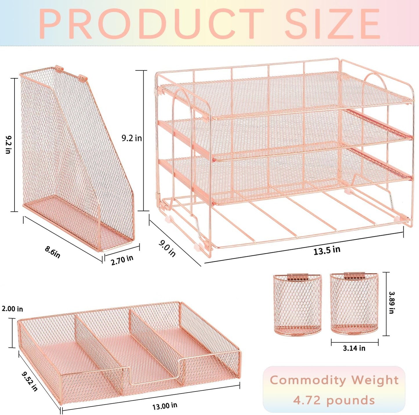 Desk Organizer and Accessories, 4-Tier Desktop File Organizer with Drawer and 2 Pen Holders, Office Desk Accessories for Office Supplies(Rose Gold)