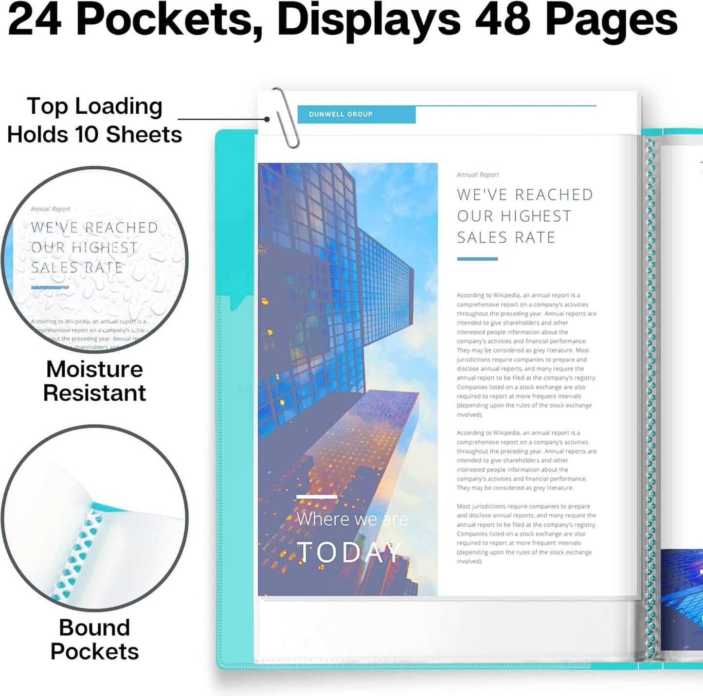 Dunwell 9x12 Presentation Binder with Clear Plastic Sleeves (Aqua), Folder for Artwork, 24 Pockets Display 48 Pages of 9 x 12 or A4 Size Documents, Kids Art, Keepsakes, Acid-Free Poly Portfolio Binder