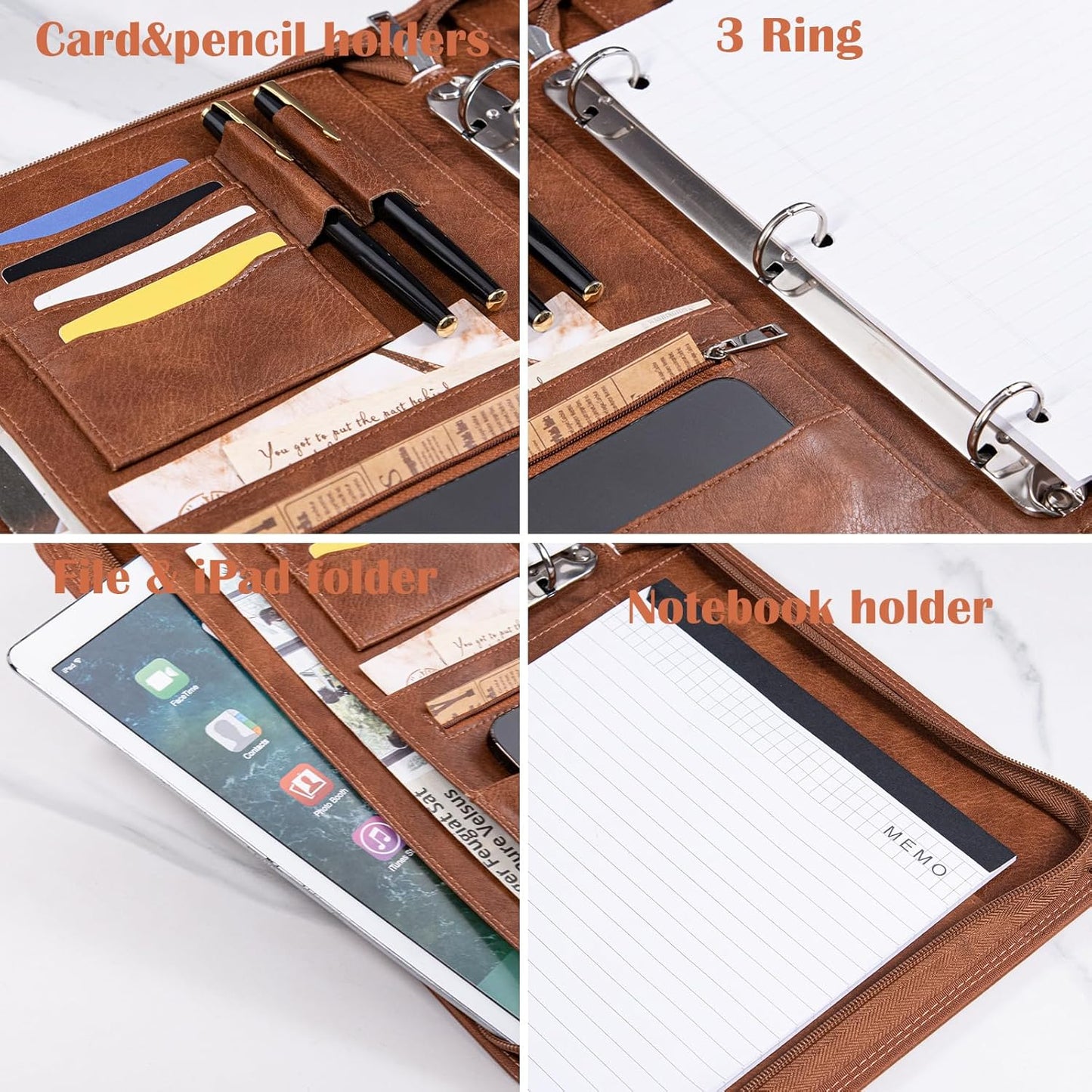 Calfinder 3 Ring Portfolio Binder,PU Leather Padtfolio Binder with Zipper,Padfolios for Women&Men,Professional Business Portfolio Organizer for Resume/Interview, A4 Letter Document Organizer