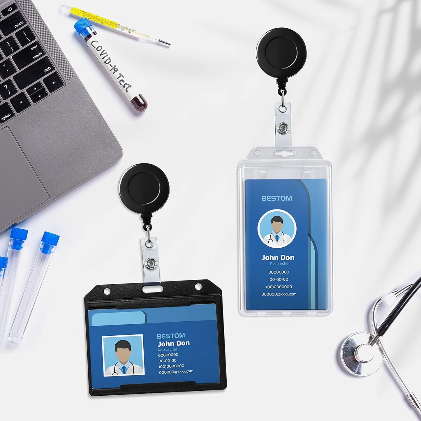 Badge Reels Retractable Badge Holder with Clip, Id Clips for Badges, Id Badge Reel, Retractable Id Badge Clip with Clear Vinyl Strap & Alligator Swivel, No Twist Dispenser (Black)