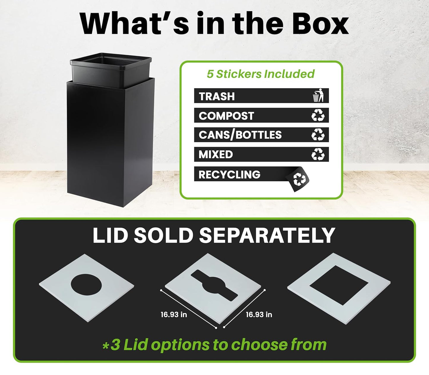 Alpine Commercial Indoor Recycle Bin - 29 Gallon Modern Looking Black Recycle Bin, Office Recycling Bins, Metal Trash and Recycling Container with Stickers & 3 Optional Lids (lid Sold Separately)