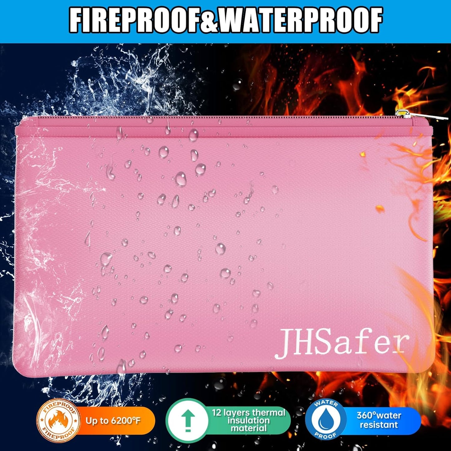 6400℉ Fireproof and Waterproof Money Bags 2pcs with Zipper,11''x6.3'' Fireproof Cash Bag with Zipper,Fireproof Wallet Envelope Safe Pouch Fireproof Bags for Cash Passports Keys Jewellery (Pink)