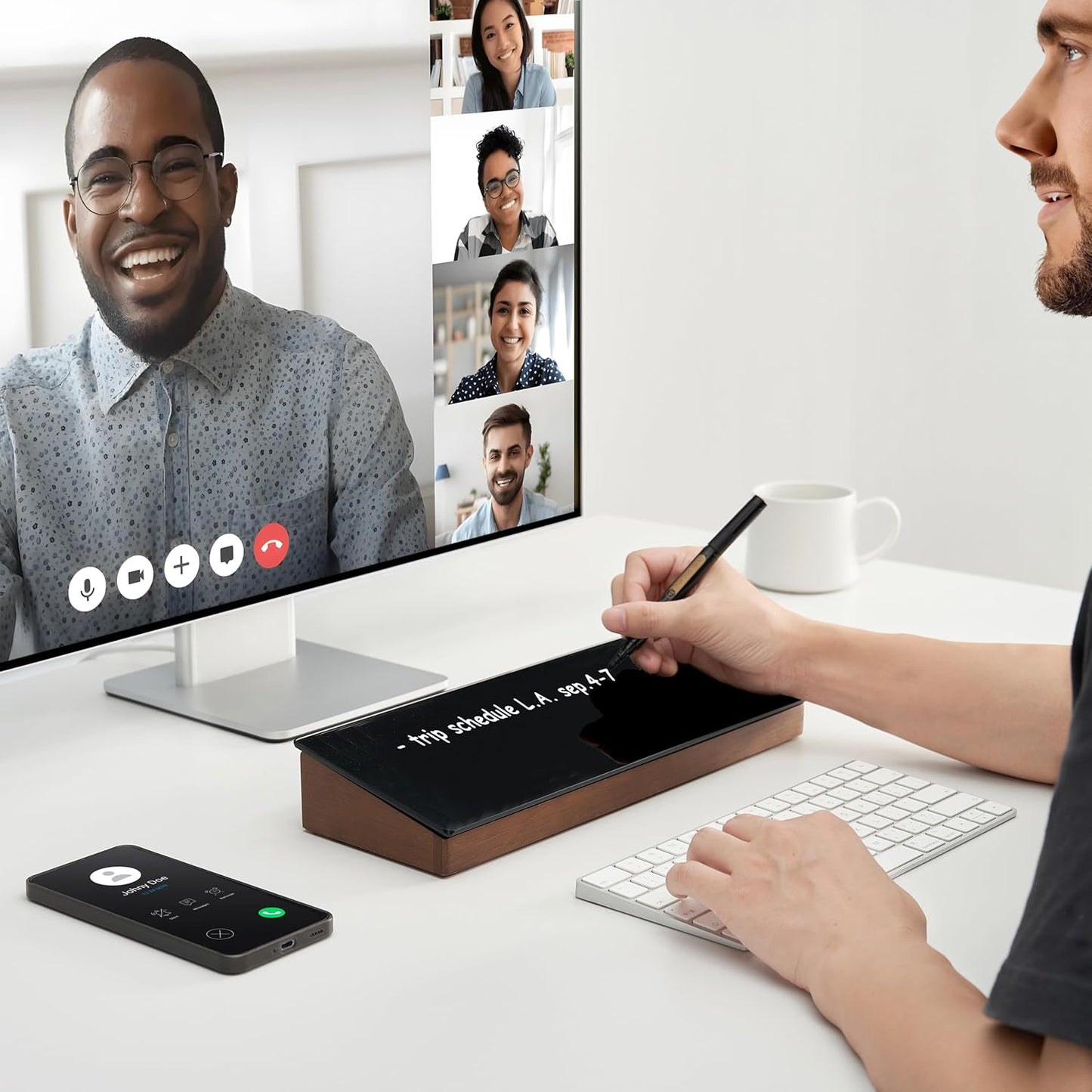 Desktop Black Glass Dry Erase Board with Wood Organizers for Small Office Supplies, Desk Whiteboard with Drawer for Home Office Cubicle, Accessories Included, Yeoux