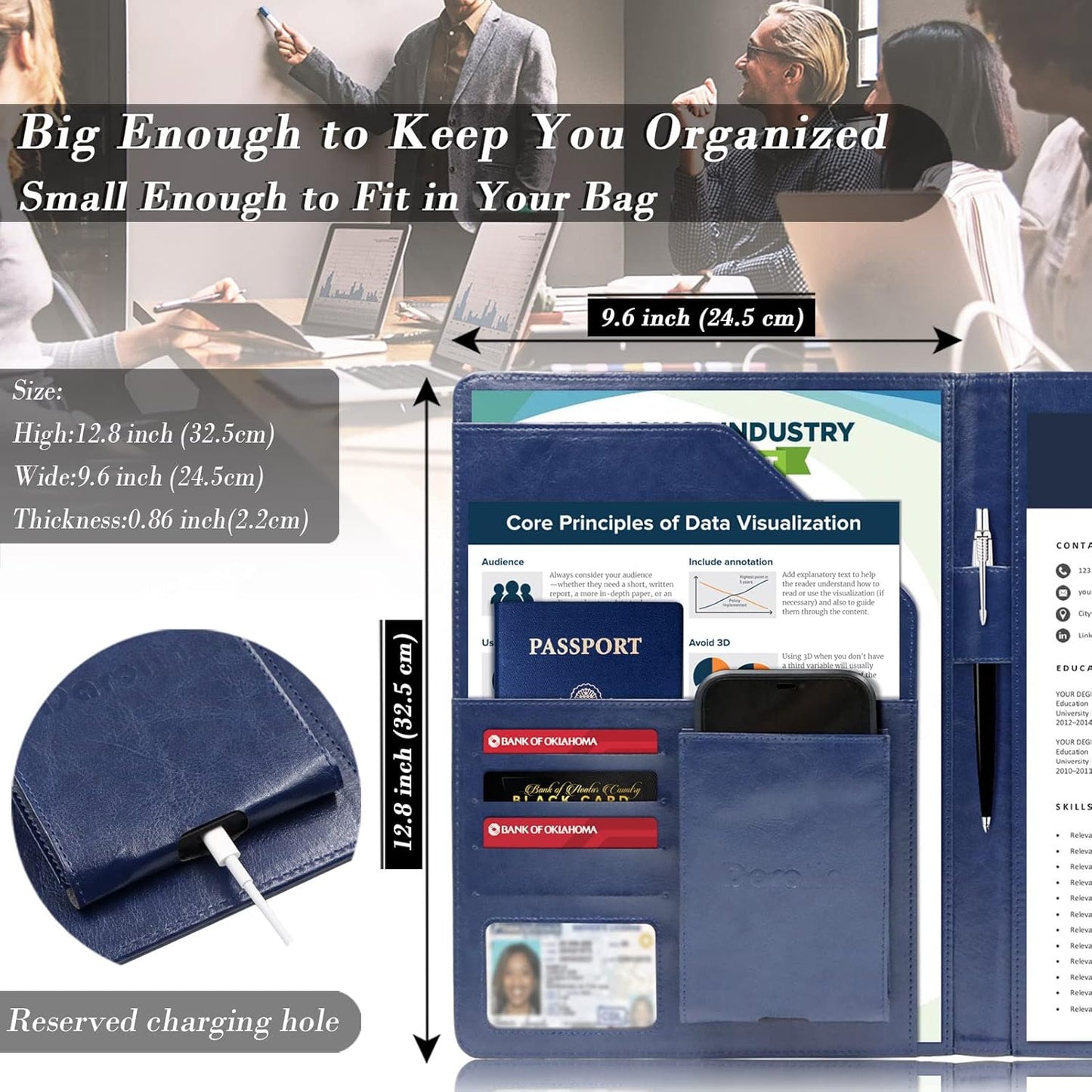 Darolin Business/Resume Padfolio Portfolio Folder with Letter/A4 Size Clipboard, Interview/Conference/Legal Document Organizer, Premium Portfolio Professional Case, Padfolio for Women/Men-Blue