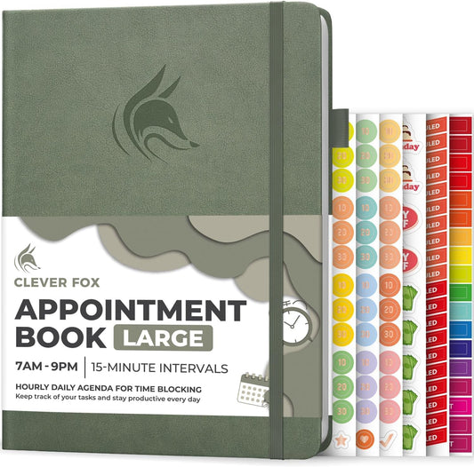 Clever Fox Appointment Book – Hourly Schedule Planner with 15-Minute Increments – Time Box Planner for Daily Work & To-Dos – Weekly & Monthly Spreads, Undated, Hardcover, 8.3x11″ (Cypress)