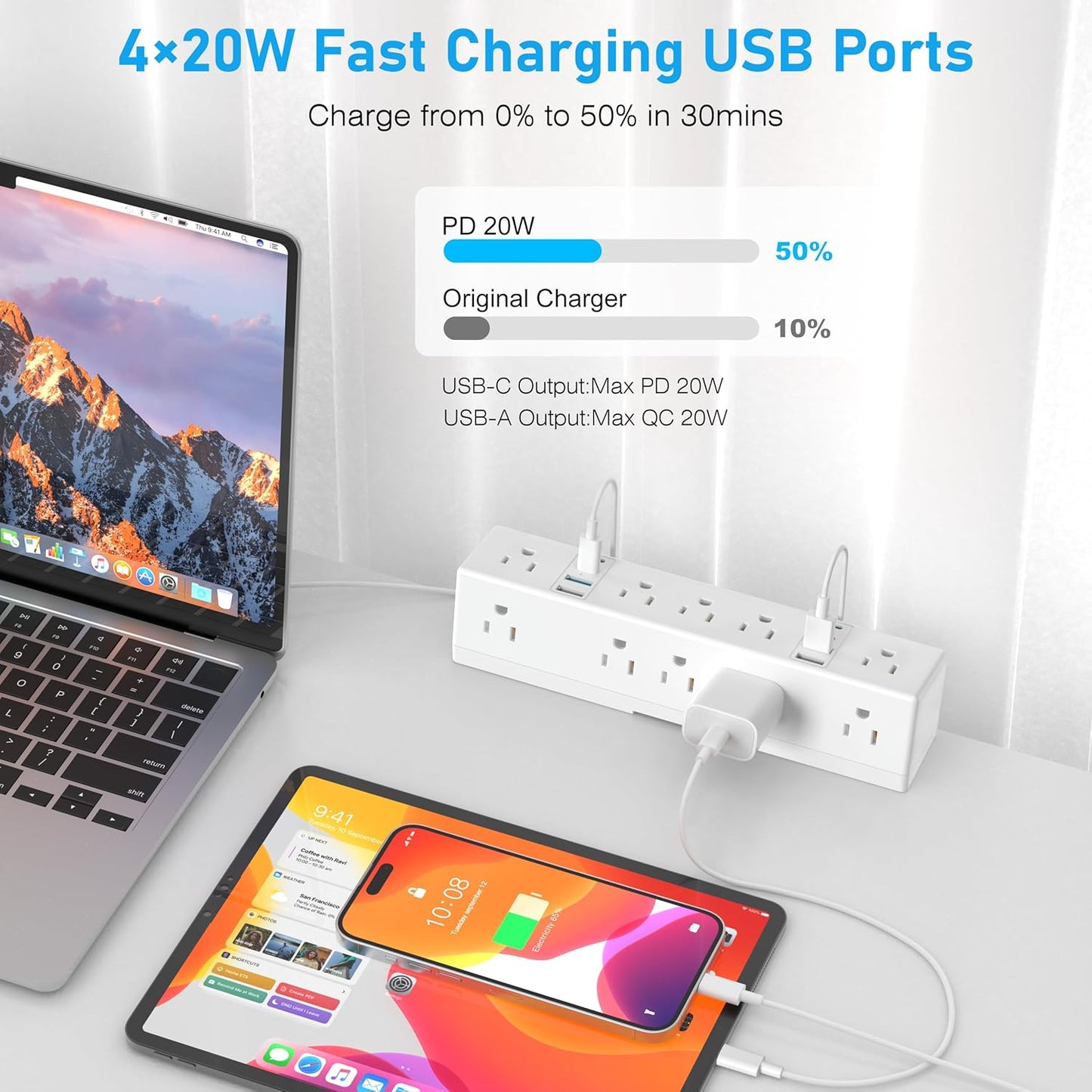 Desk Clamp Power Strip, 40W Fast Charging Station, VILONG Desktop Mount Surge Protector, 8 USB Ports(4 USB-C), 10 AC Outlets and 6Ft Cord, for Home, Office, Fit 1.6" Tabletop Edge
