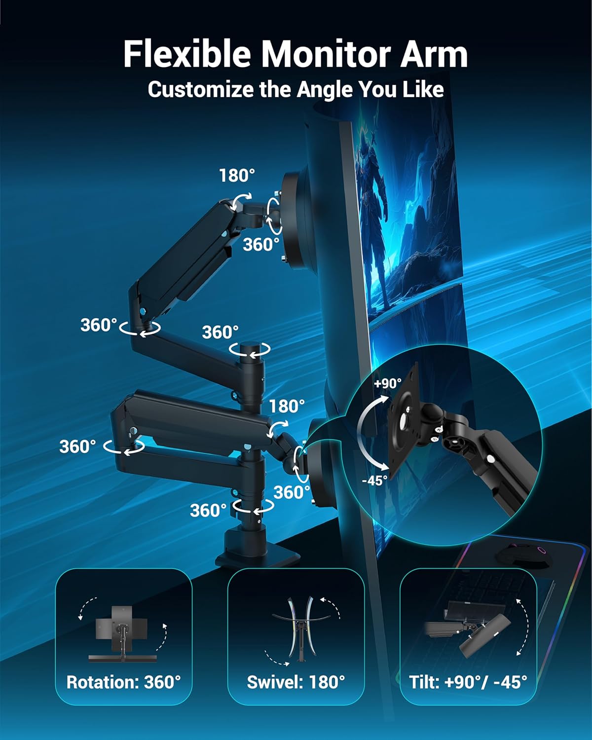 Dual Monitor Arm for 13-49 Inch Ultrawide Screens, Heavy Duty Monitor Mount for 2 Monitors up to 44lbs, Full Motion Vertical Stacked Dual Monitor Arm Desk Mount, 75/100mm VESA Mount, Black