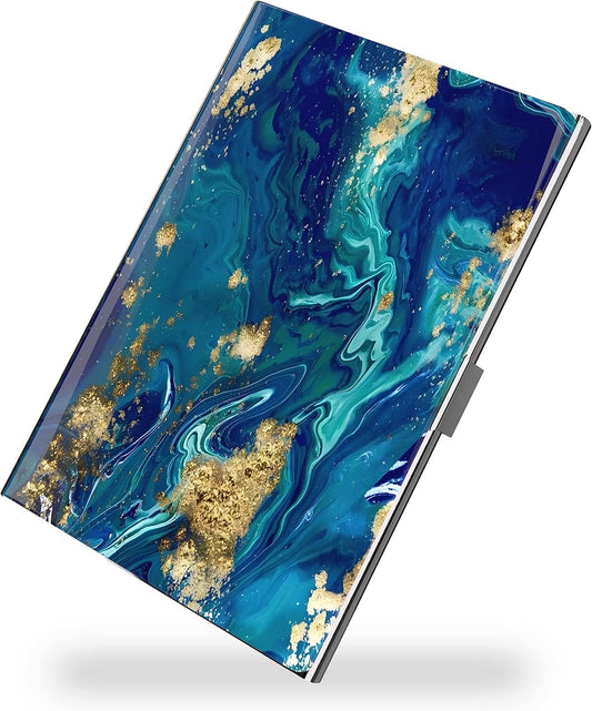 Business Card Metal Slim Organizer, Professional Stainless Steel Square Pocket Wallet for Office Workers, Compact and Portable for Pockets (Dark Blue Marble)