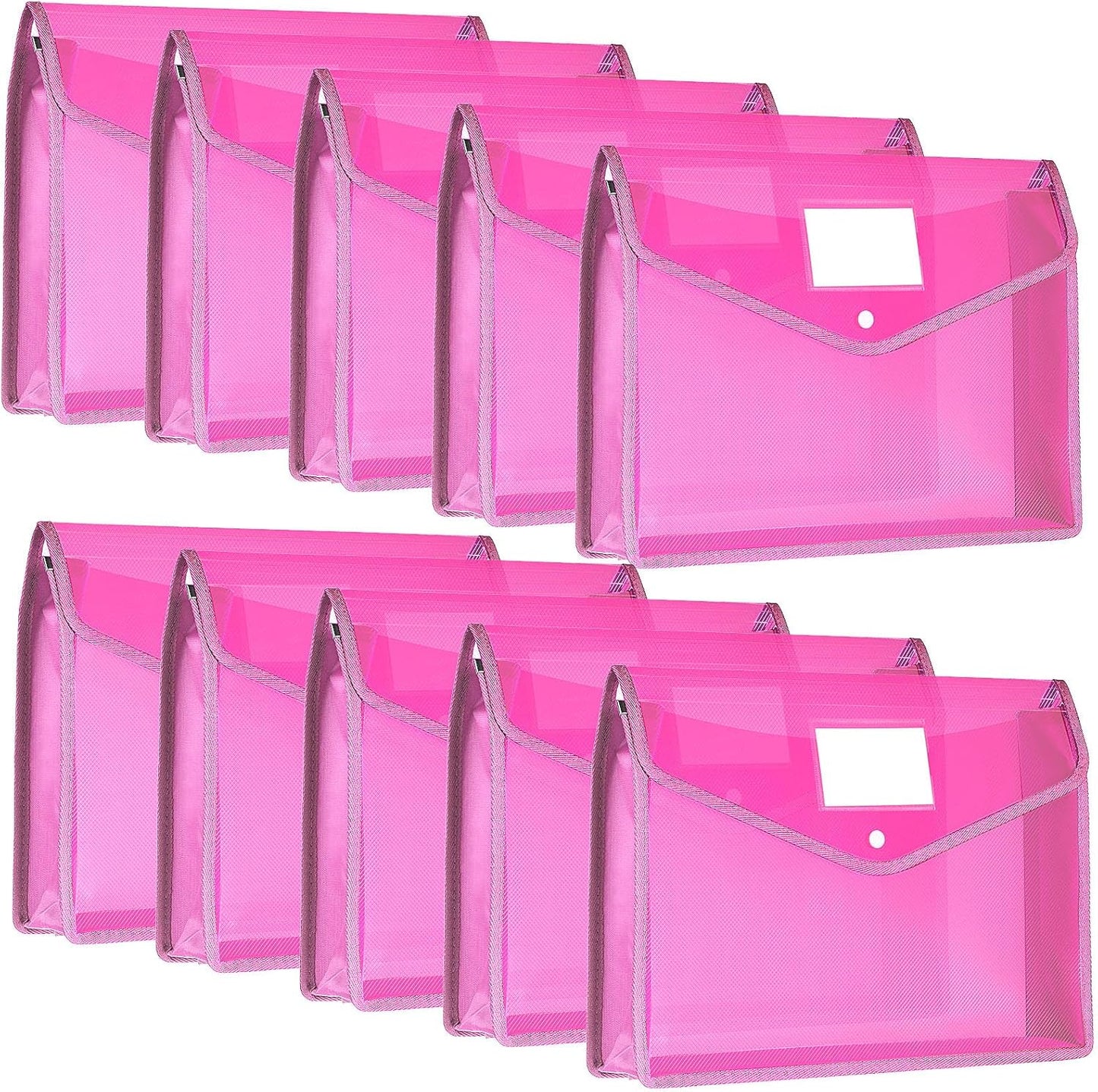 10 Pieces Plastic File Folders Envelope Expanding File Wallet Organizer Documents Folder with Snap Closure and Pocket, A4 Size Waterproof Transparent Pouch(Pink,Horizontal)