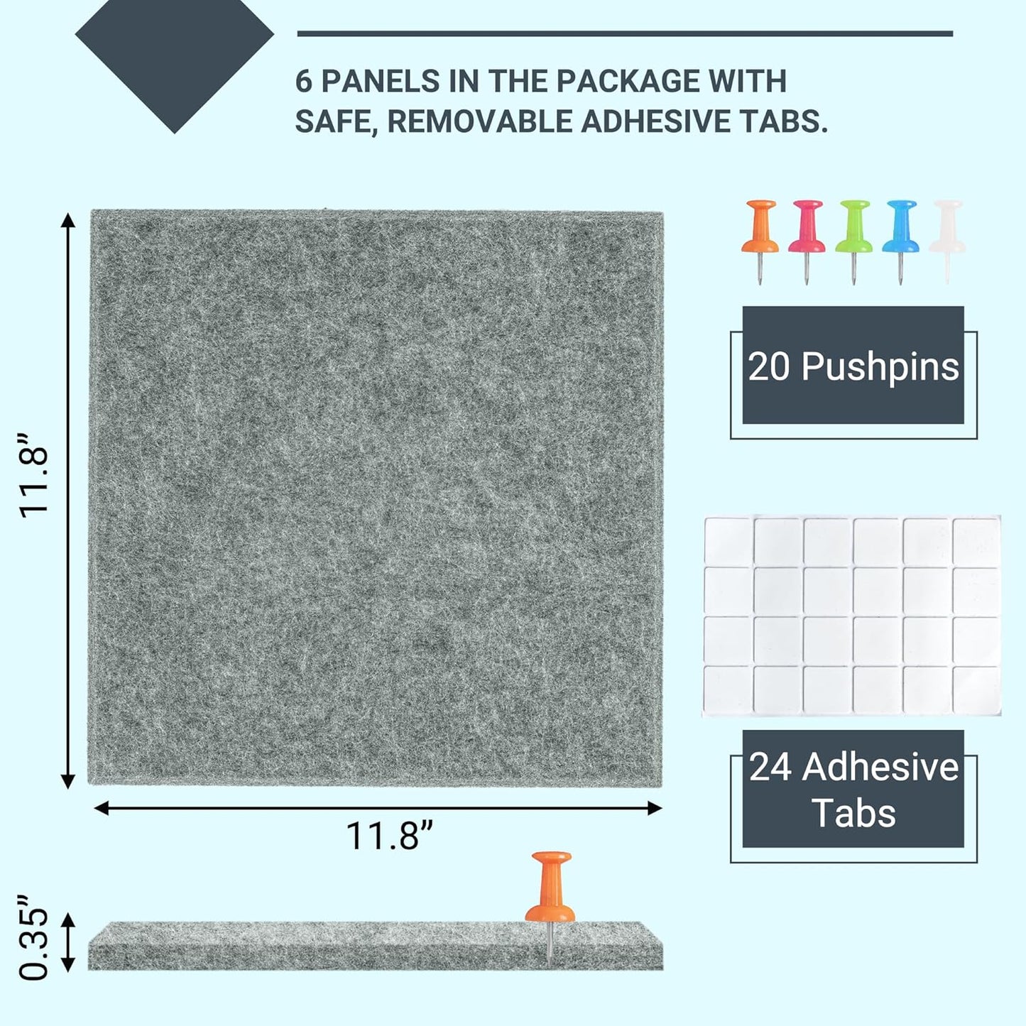AKTOP Cork Board Bulletin Board 24"x36", 6 Pack Removable Felt Cork Board Tiles for Wall, Large Corkboard Notice Pin Board for Office, School & Home,24 Safe Adhesive Tabs, 20 Push Pins, Grey