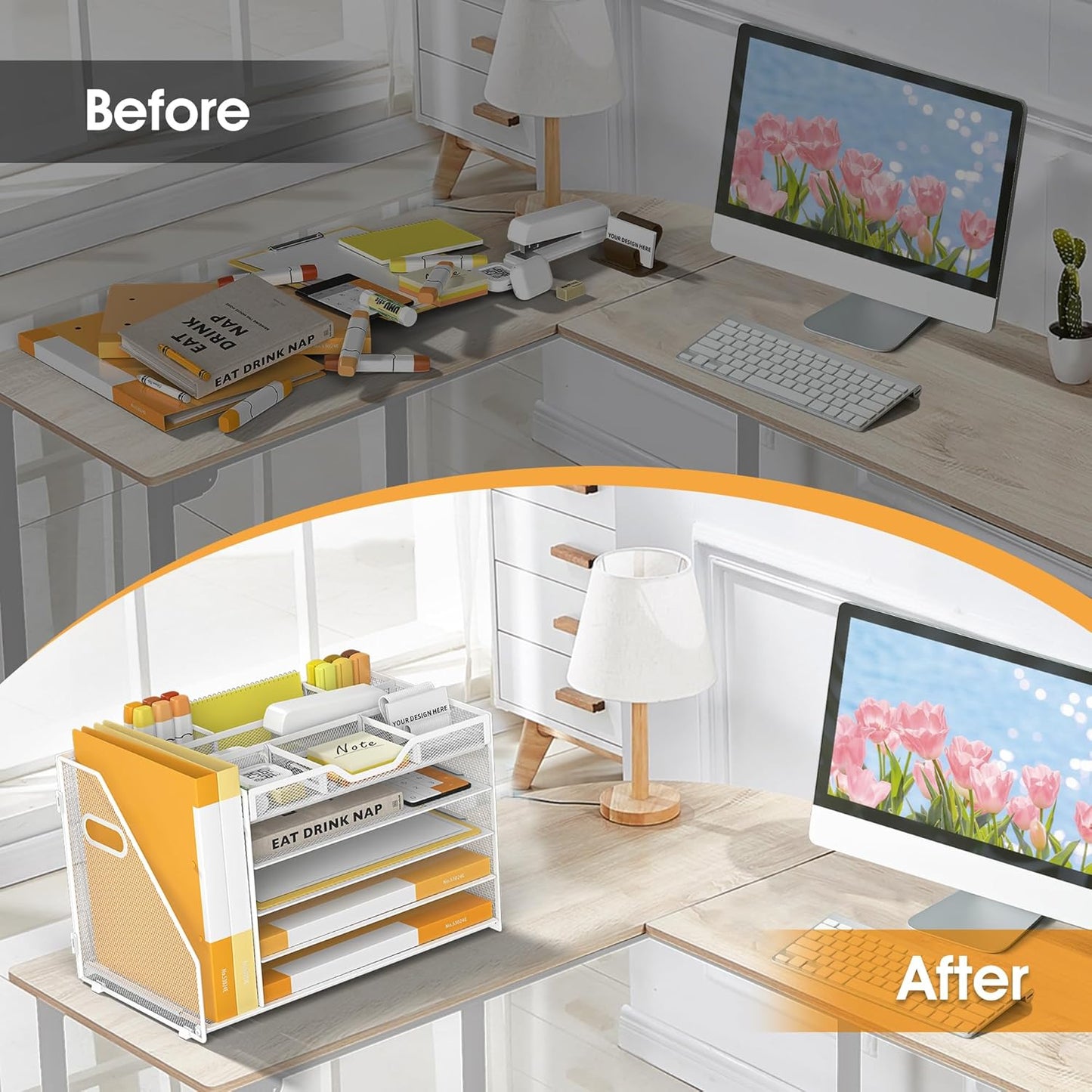 5 Tier Paper Letter Tray with File Holder and 3 Drop-in Pen Holders, Mesh Desk File Organizer with Handle, Desk Organizers and Accessories for School,Home, Office Supplies Storage-White