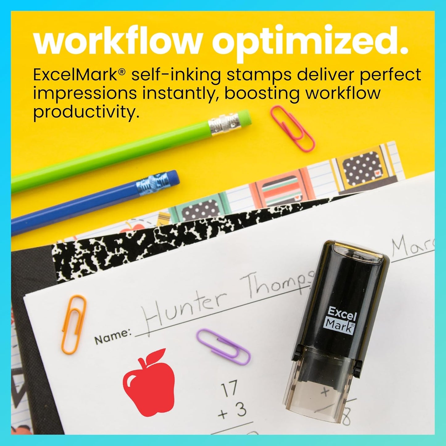 ExcelMark Apple - Self-Inking Round Teacher Stamp - Red Ink