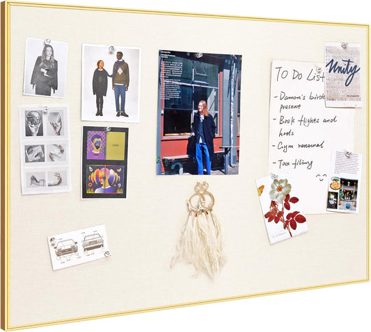 Bulletin Board 30 x 20 inches, Oatmeal White Pin Board, Golden Aluminum Framed Fabric Cork Board with 10 Push Pins
