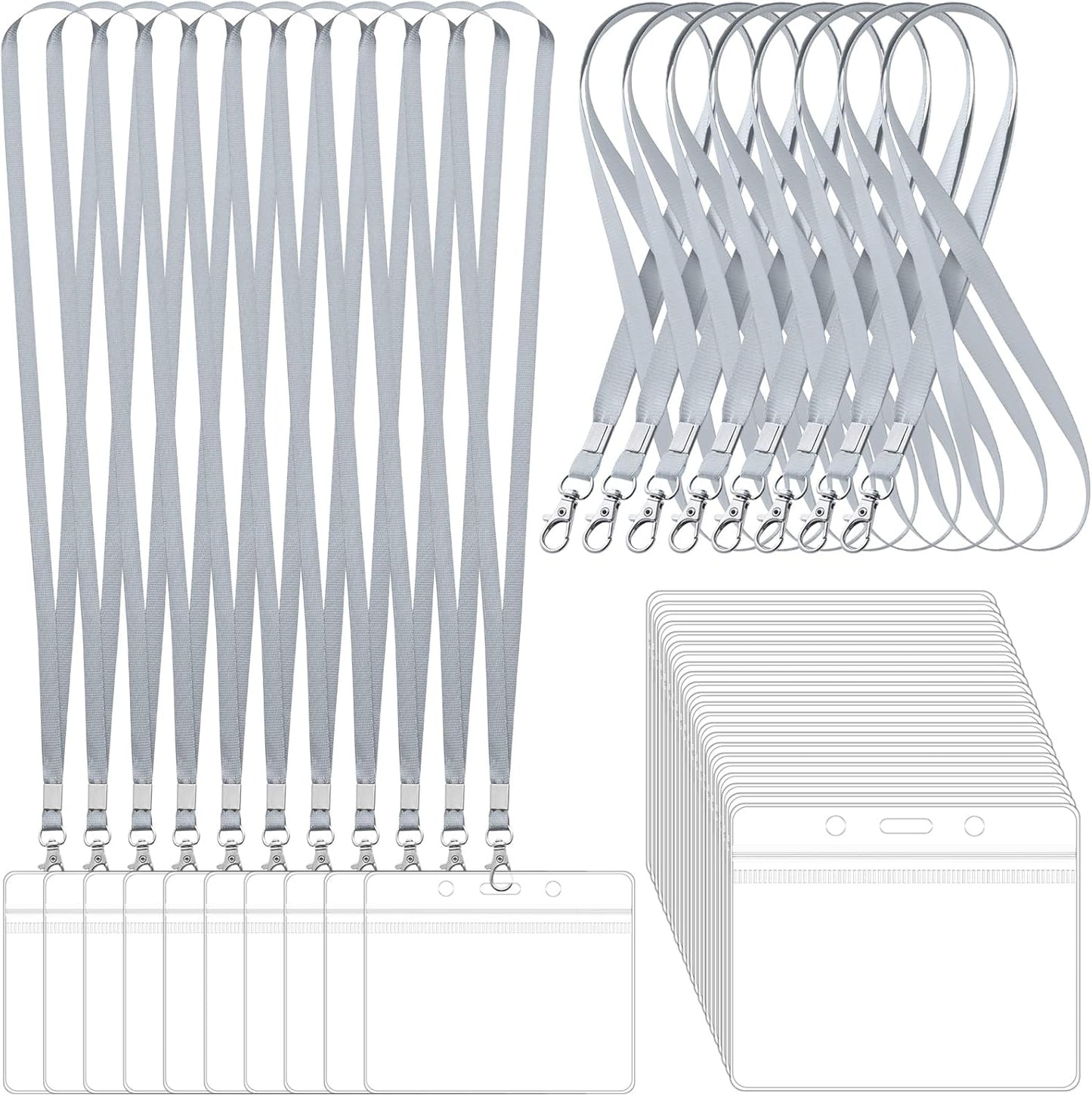 100 Pack Lanyards for ID Badges with Clear Name Tags, Reusable Lanyards Horizontal ID Card Badge Holders Plastic Name Badges for Men Women Kids Business School and Office Supplies (Gray)