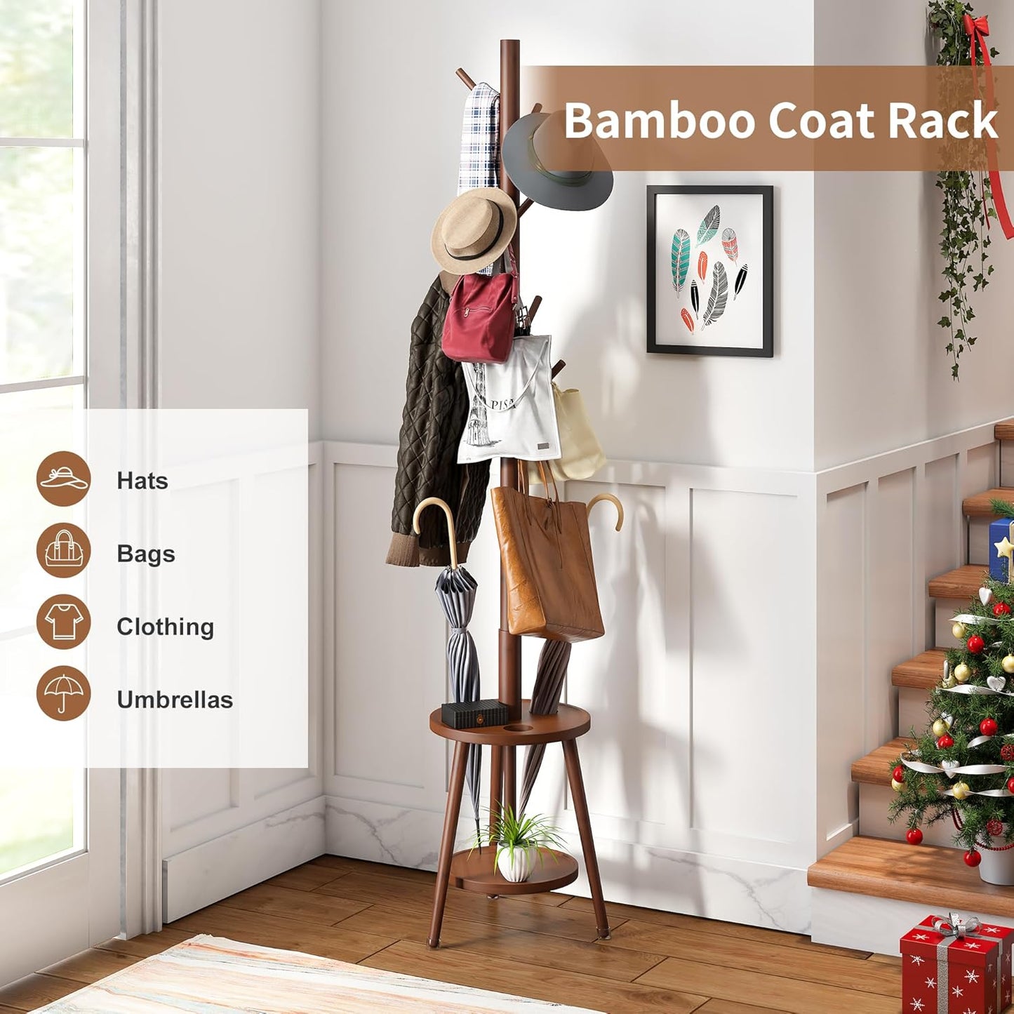 FILWH Freestanding Coat Rack with Umbrella Organizer Tray Bamboo Coat Tree Rack with 8 Hook Stand for Clothes Bag Hats Entryway Hanger Stand(Brown)