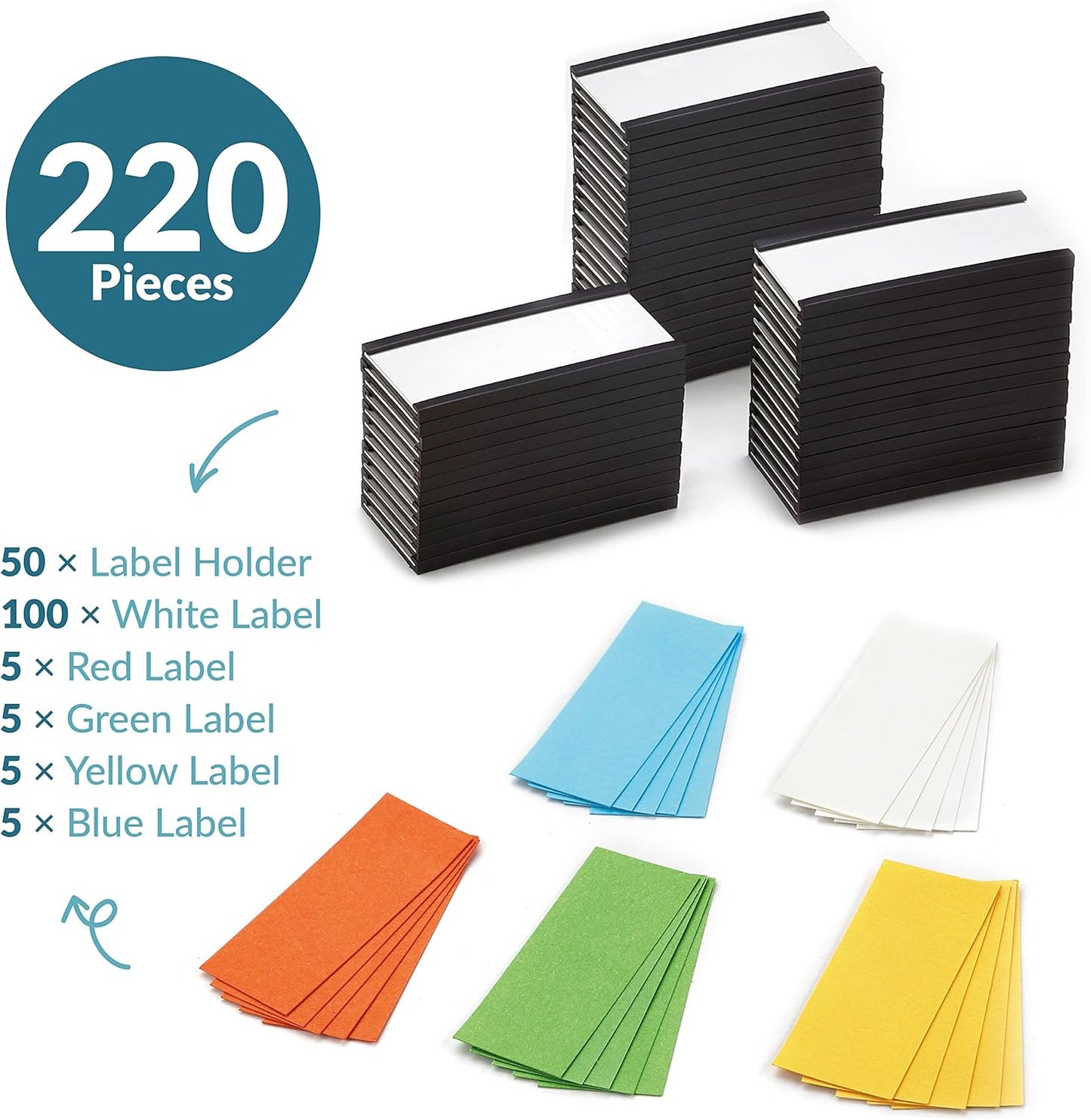 50 Pack"C" Channel Magnetic Label Holders 1x2 with 100 White Card Inserts, 50 Clear Plastic Protectors and Bonus 20 Colorful Cardstock Inserts in Blue, Green, Yellow and Red - Double-Sided Cards