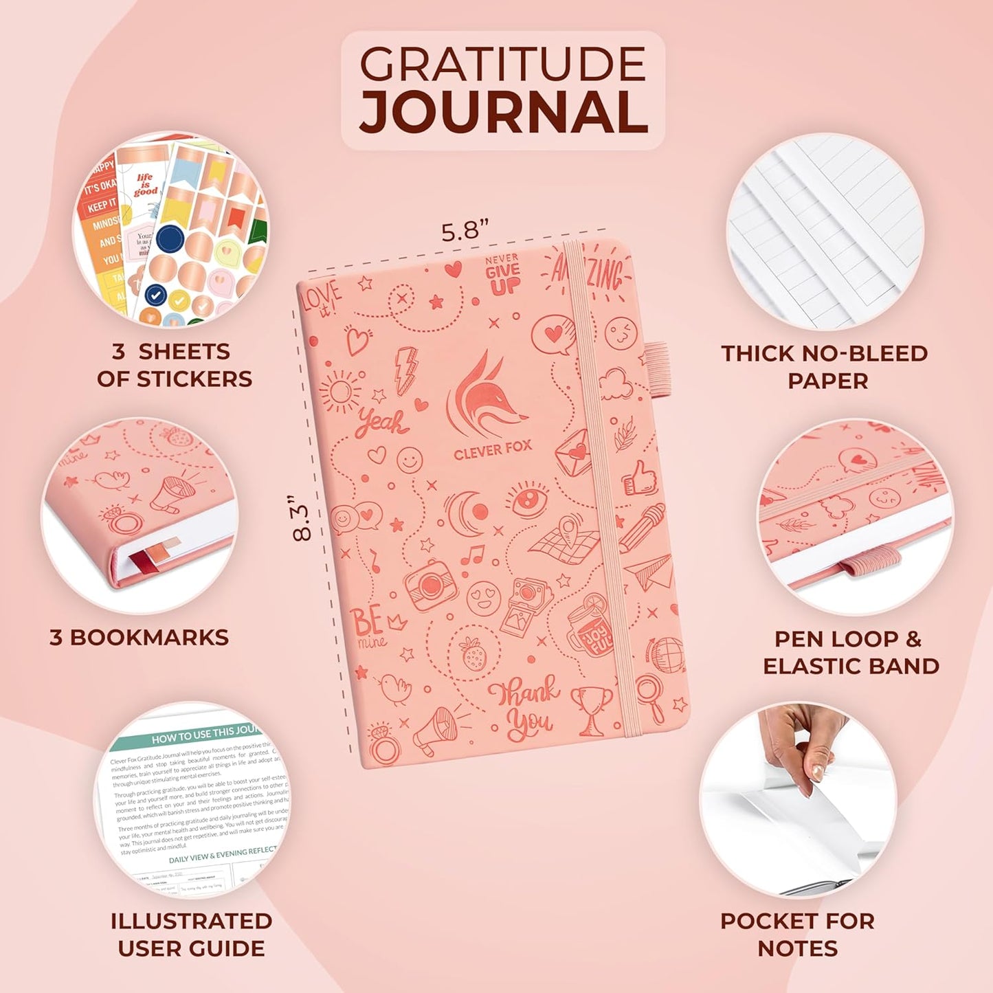 Clever Fox Gratitude Journal – Happiness, Positivity & Affirmation Daily Journal – Inspirational Daily Notebook – 3 Months, A5 (Light Pink)