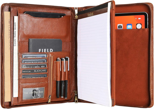 Handmade Genuine Leather Portfolio Organizer for IPad/Document, Business Padfolio with A4 Leather Notepad Holder, Leather Compact Folder Conference Portfolio for Men and Women, Oil-Brown