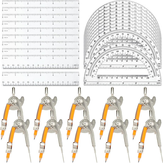 40 Pieces Geometry Math Set Compass for Geometry Math Compass and Protractor Set Include Metal Compass with Pencil Plastic Ruler and Protractor for Student School Office Woodworking Drawing Tools