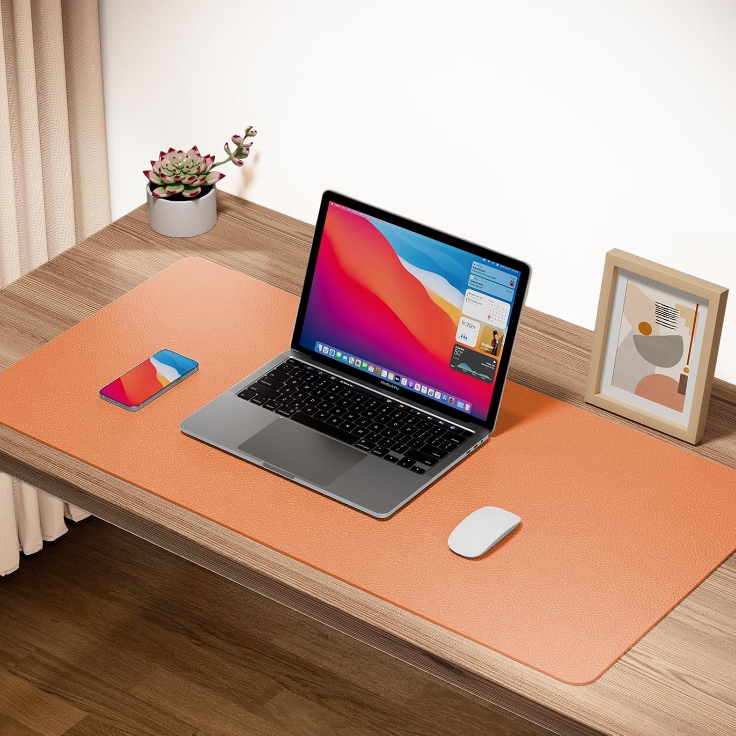 Boutilon Leather Desk Pad Protector,Non-Slip Mouse Pad,Laptop Desk Pad,Office Mouse Mat,Waterproof Leather Desk Blotter,Desk Writing Pad for Office and Home (L-Orange,35"x 17")
