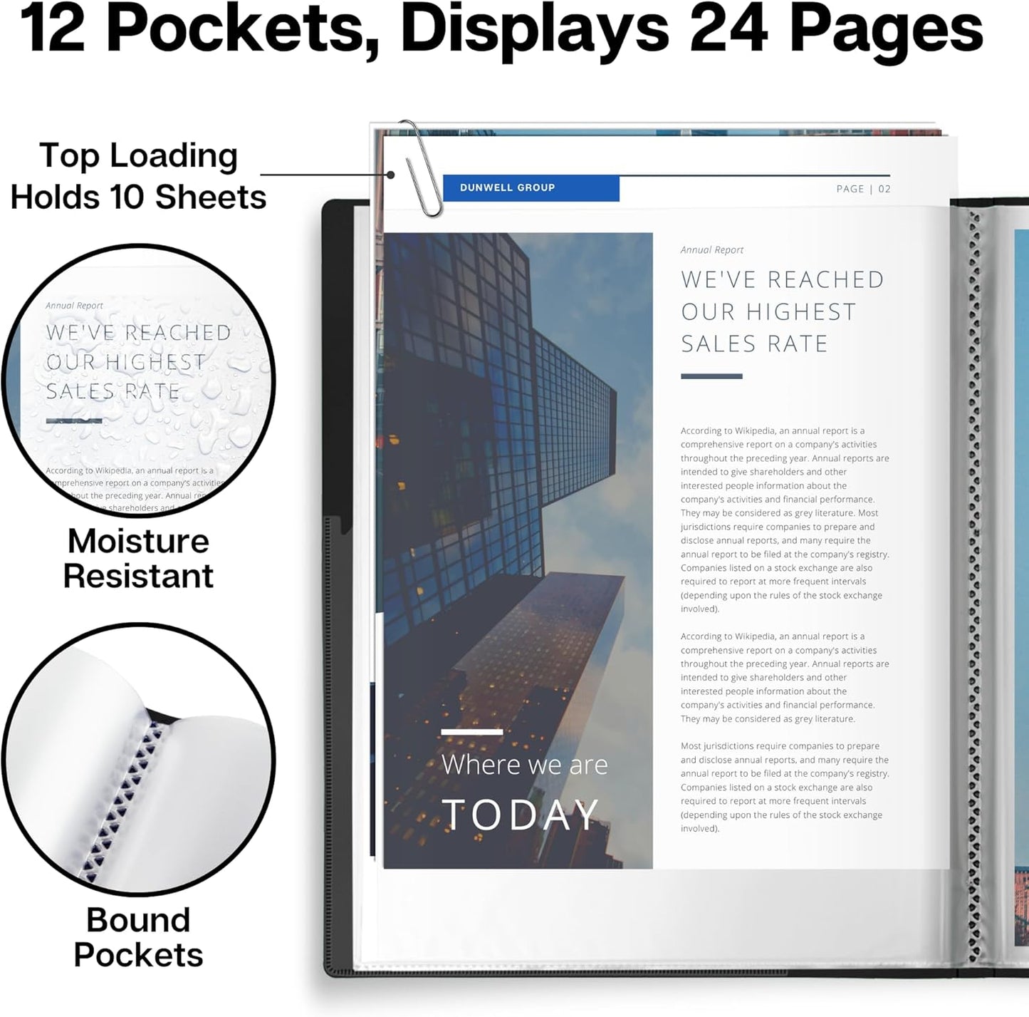 Dunwell Presentation Binder 12-Pocket, Displays 24 Pages, 8.5x11 Portfolio Binder with Plastic Sleeves, Storage and Organizer for Documents, Certificates, Projects, Photos (3 Pack, Blue)