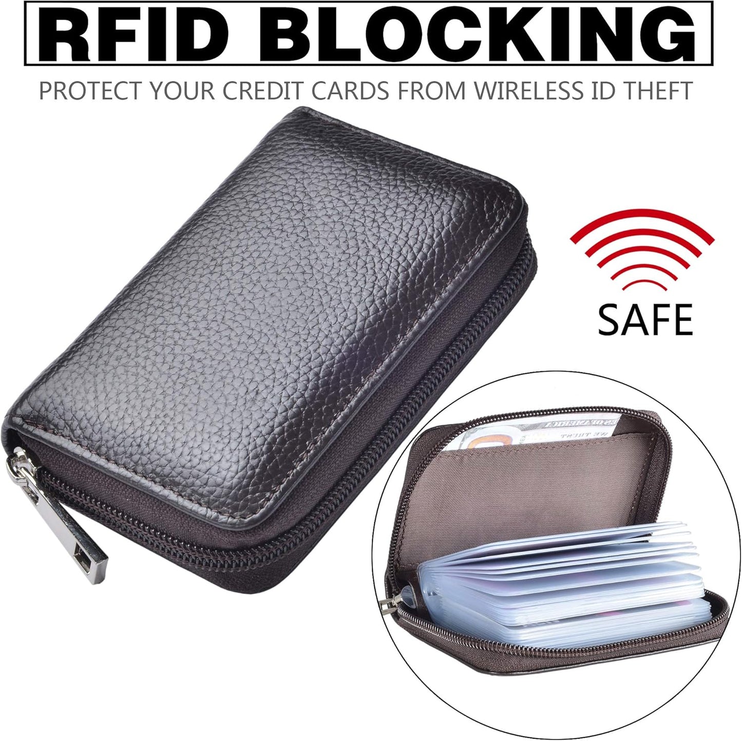 Easyoulife Genuine Leather Credit Card Holder Zipper Wallet With 26 Card Slots