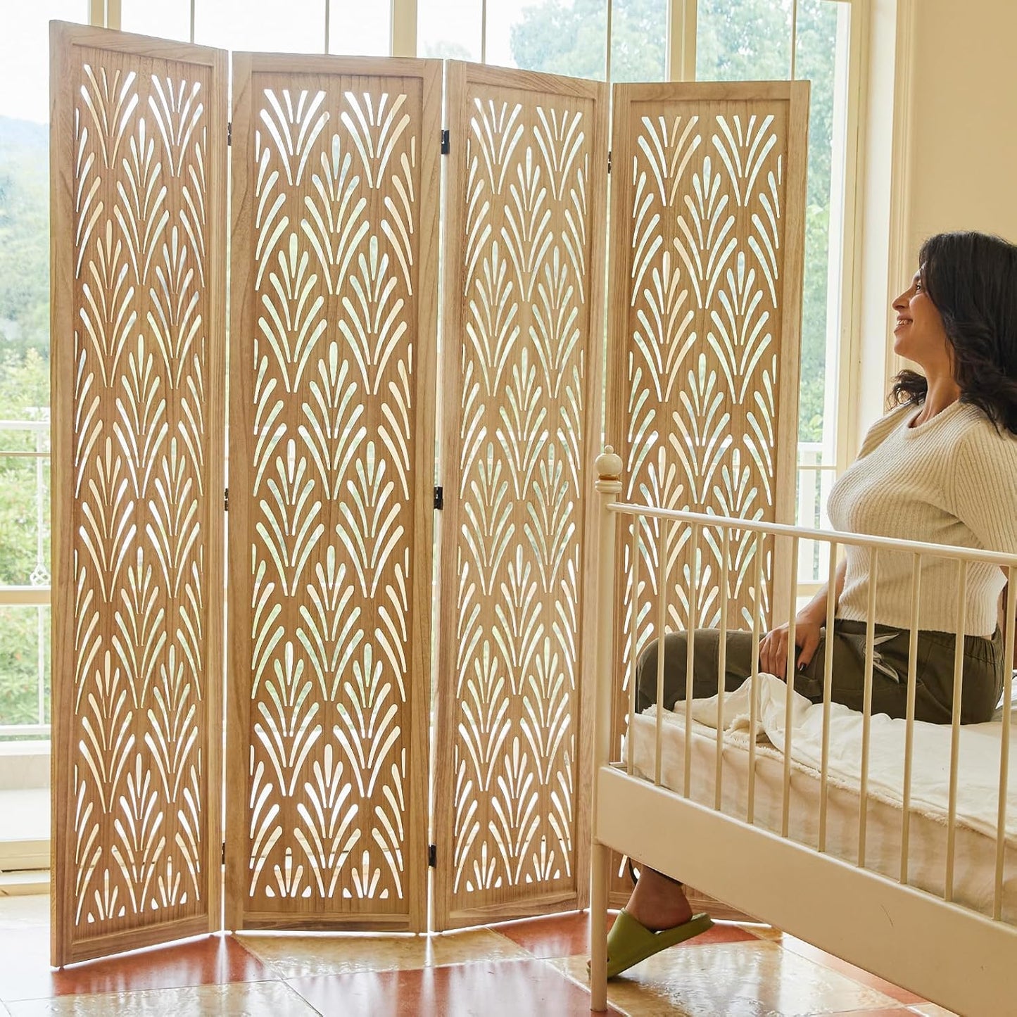 5.6Ft Room Divider Folding Wood Simple Carved Partition Screen for Home Office Garden - 4 Panels (Natural)