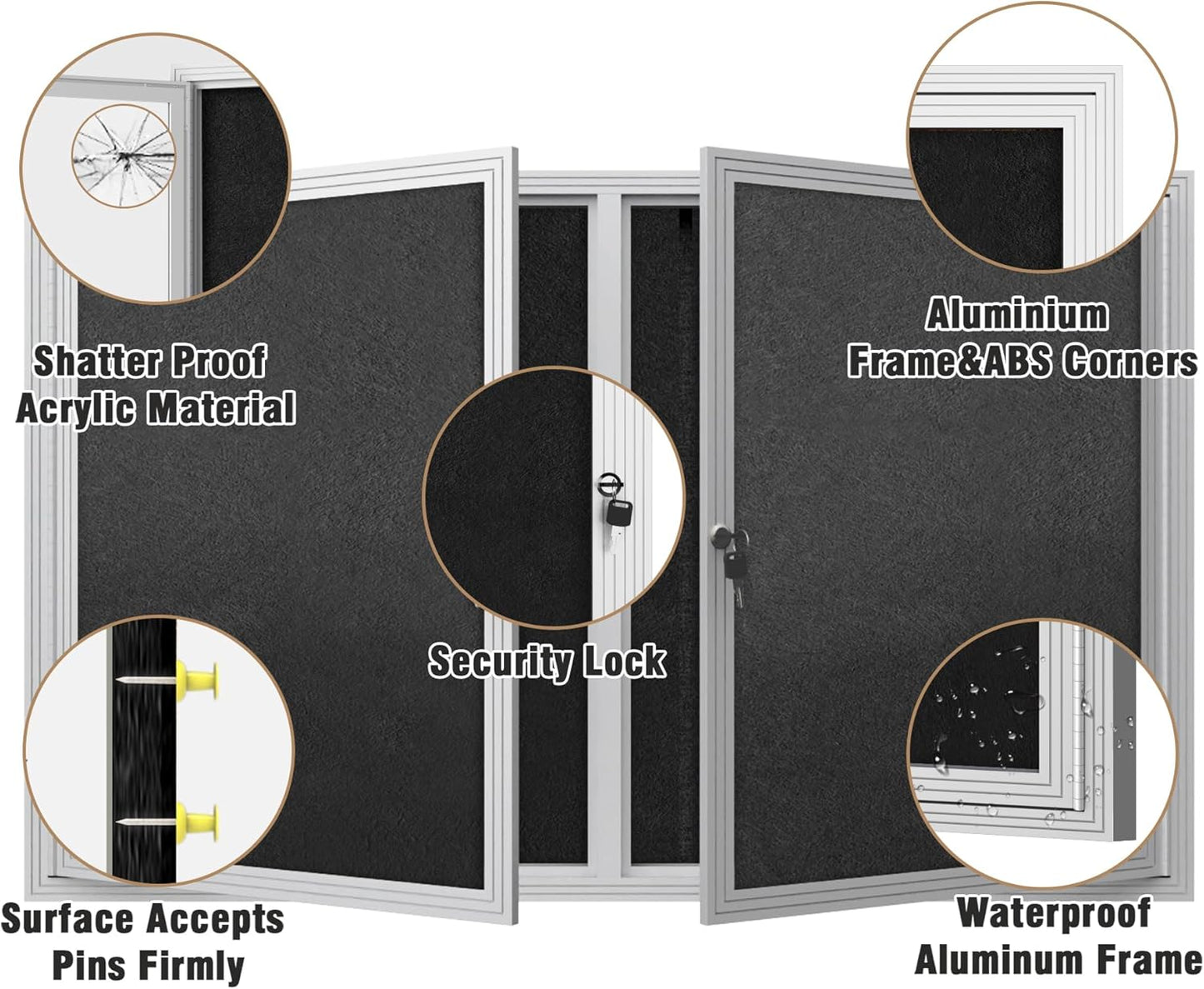 48"x30" Enclosed Bulletin Board, Outdoor Lockable Weather-Resistant Aluminum Cork Noticeboard for School & Office, Silver Frame w/Black Flet