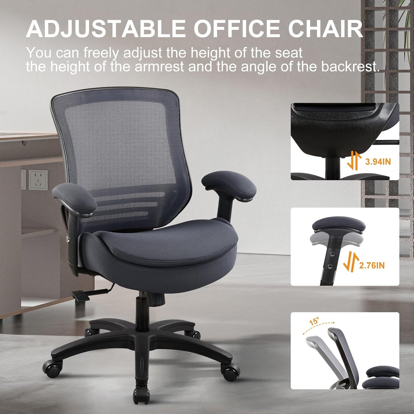 400lbs Ergonomic Office Chair with Double Seat Cushion and Soft Armrests for Executive Computer Desk with Built-in Lumbar Support(Gray)