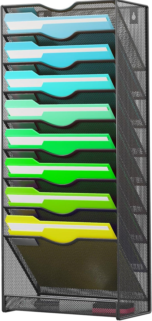 10-Tier Hanging Wall File Organizer Wall Mounted File Holder Document Wall Organizer for Office Organization and School Storage (No Assembly Required) (10 Tier Black)