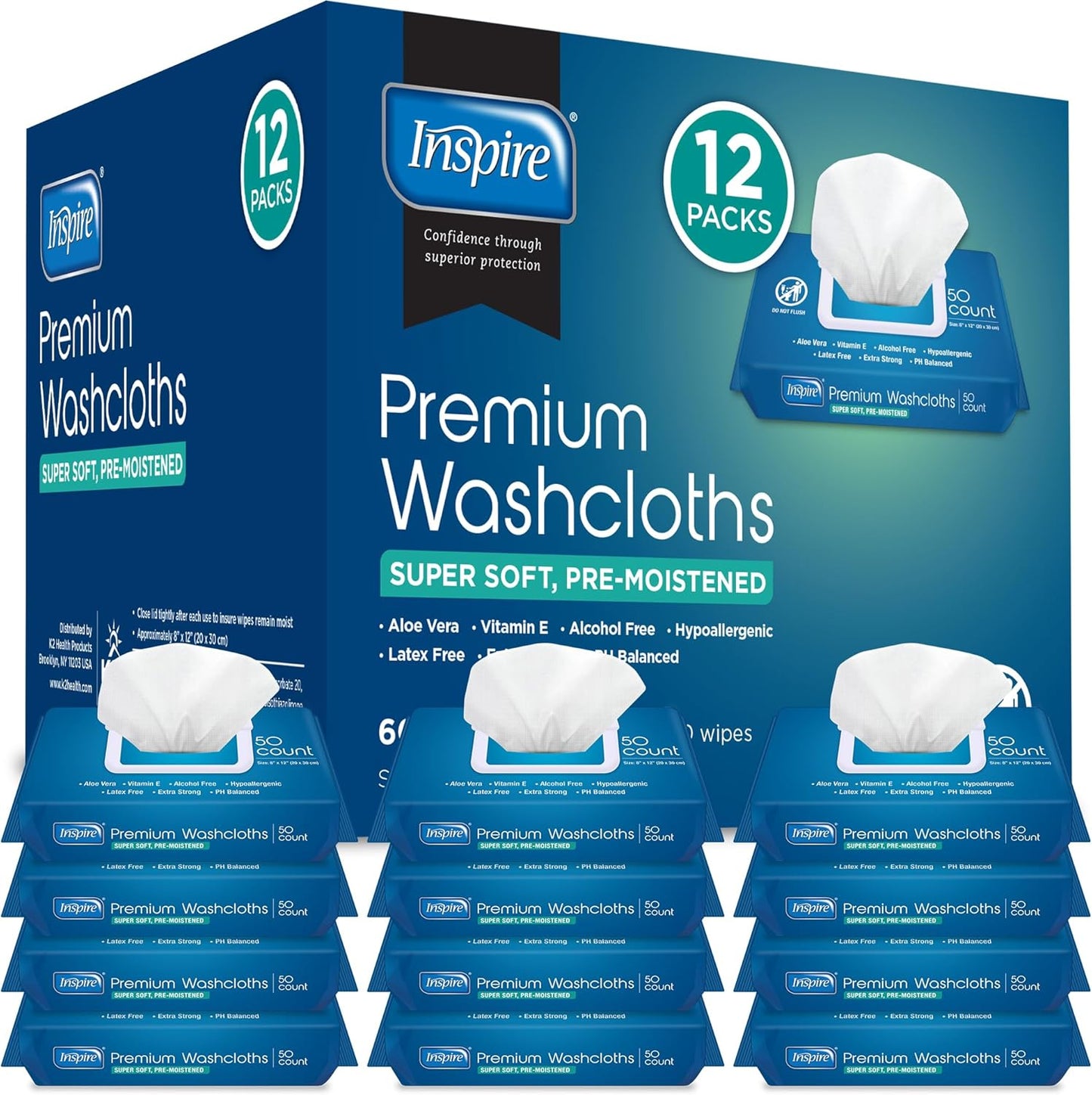 Inspire Adult Wet Wipes, Wash Cloths | Adult Wipes for Incontinence & Cleansing for Elderly, 8"x12" Count 12 packs of 50