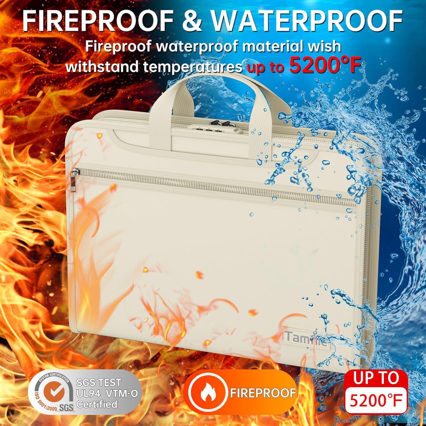 5200℉ Fireproof Accordion File Organizer with Lock, Thickened Document Organizer 13 Pocket with Zipper & Labels, Important Document Organizer, Expanding File Folder with Handle for Letter A4 (Beige)