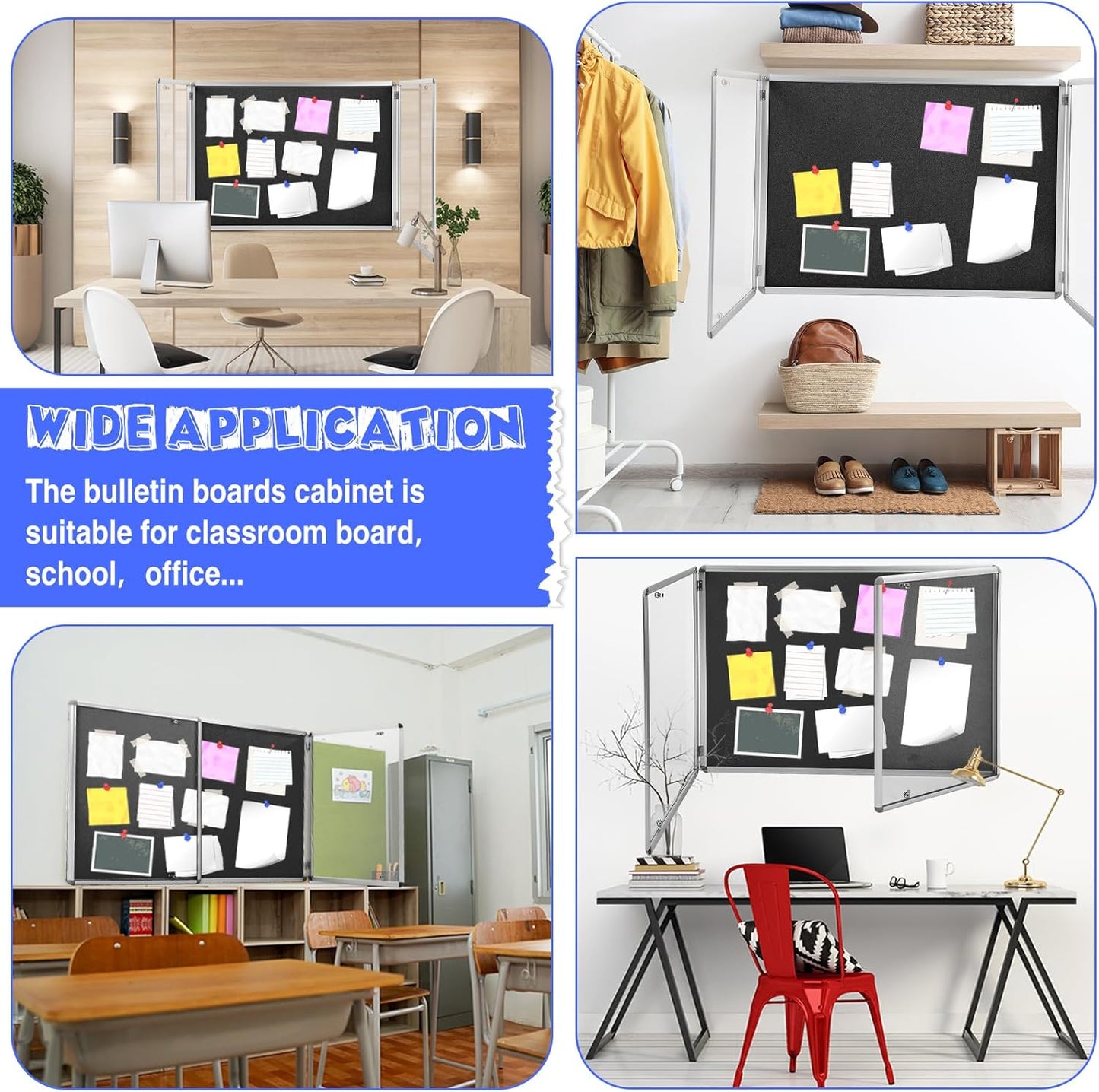 Enclosed Bulletin Board 48" x 36" Weather Resistant Lockable Notice Cork Display Board Wall Mounted 2 Locking Door for School Classroom Commercial Back to School, 12 x A4(Black, Silver Frame)