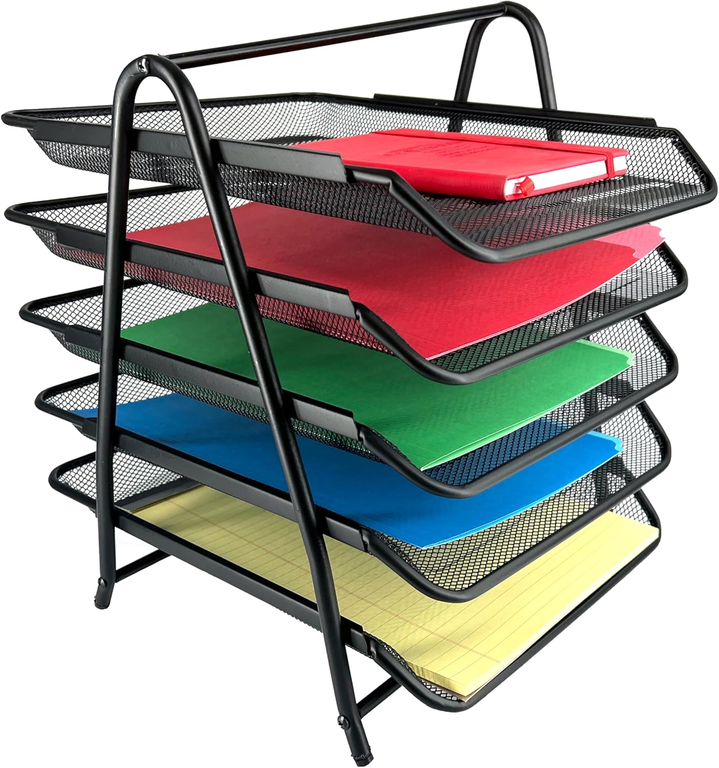 Huron Desktop Horizontal File Binder Organizer Storage Letter Tray, 5 Slot, Black Steel Mesh