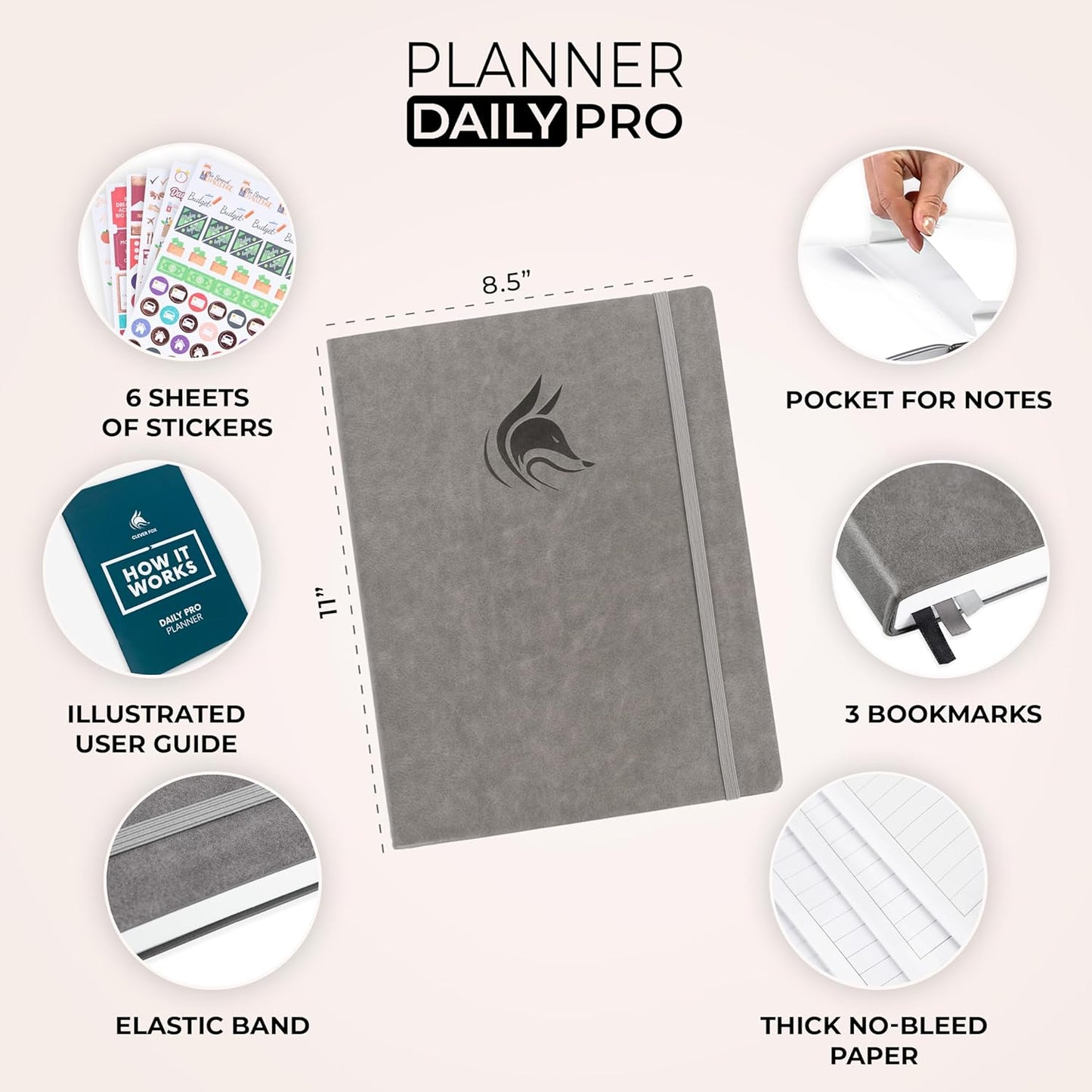 Clever Fox Planner Daily PRO - 8.5 x 11" A4 Size Daily Life Planner and Gratitude Journal to Increase Productivity, Time Management and Hit Your Goals - Undated - Lasts 3 Months (Gray)