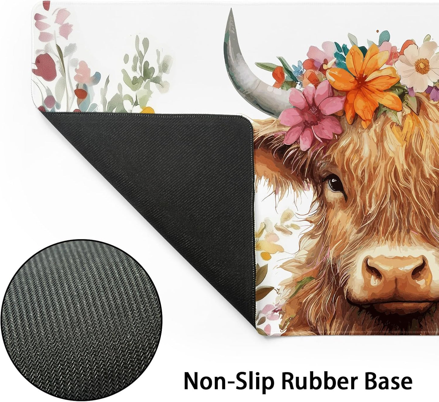Aesthetic Highland Cow Gaming Mouse Pad XL Cow Print Blue Orange Floral Extended Large Mat Mousepad Desk Pad Non-Slip Rubber Base Stitched Edge Flower Keyboard Pad Playmat for Computer,31.5×11.8 in