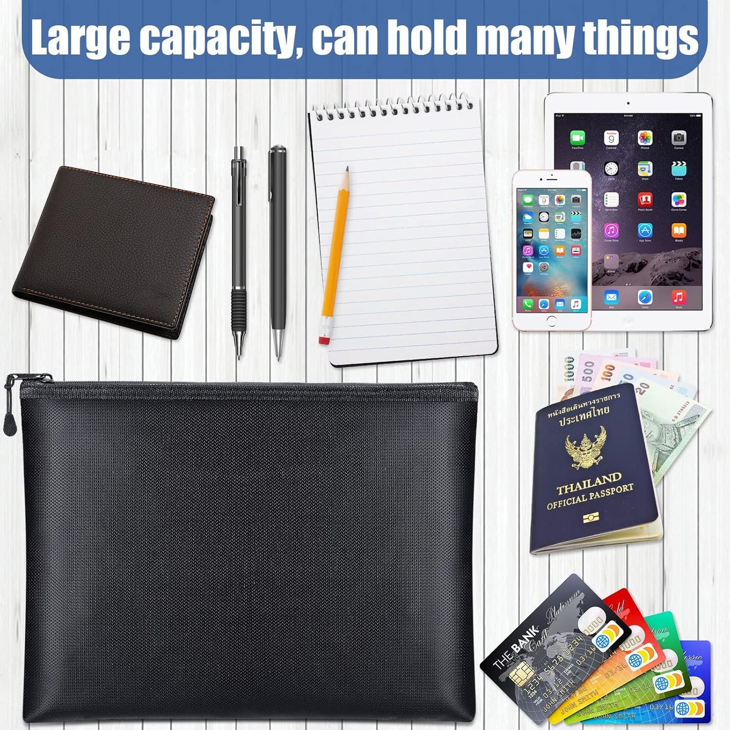 Epakh 6 Pack Fireproof Document Bags 13.4 x 9.4 Inch Waterproof and Fireproof Money Bag Document Holder with Zipper Fireproof Safe Storage Bag for A4 Documents, Money, Passport and Tablet