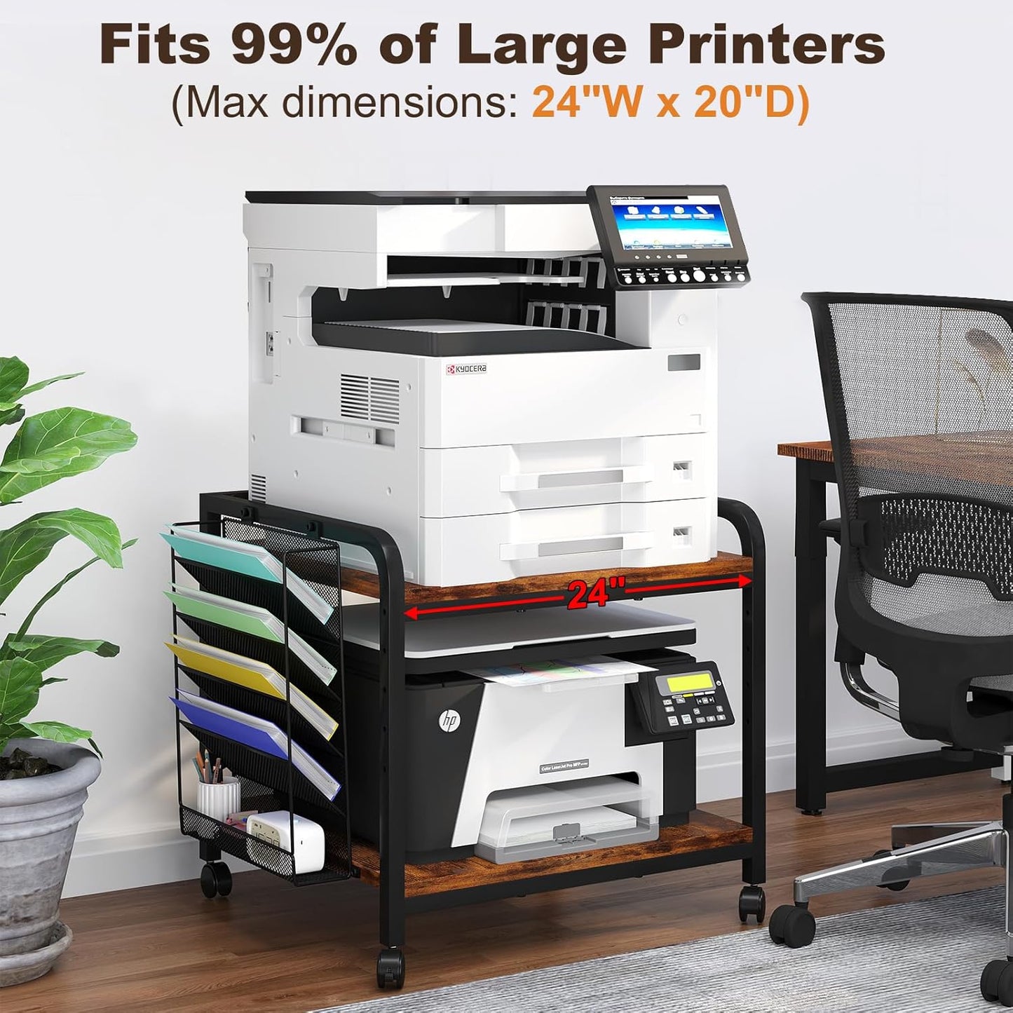 EasyCom 24"x20" Large Printer Stand with Hanging File Holder Organizer, Adjustable Height Shelf with Wheels, Under Desk Table with Storage for Printer Scanner Fax Home Office Use Rustic Brown