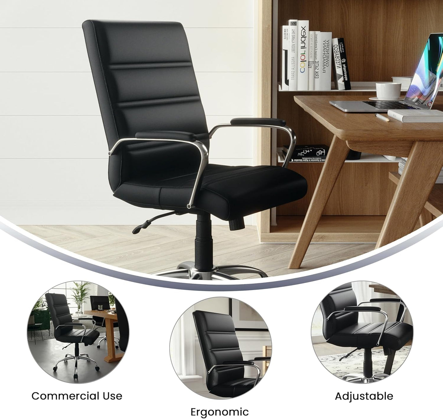 Flash Furniture Whitney Mid-Back Swivel LeatherSoft Desk Chair with Padded Seat and Armrests, Adjustable Height Padded Office Chair, Black