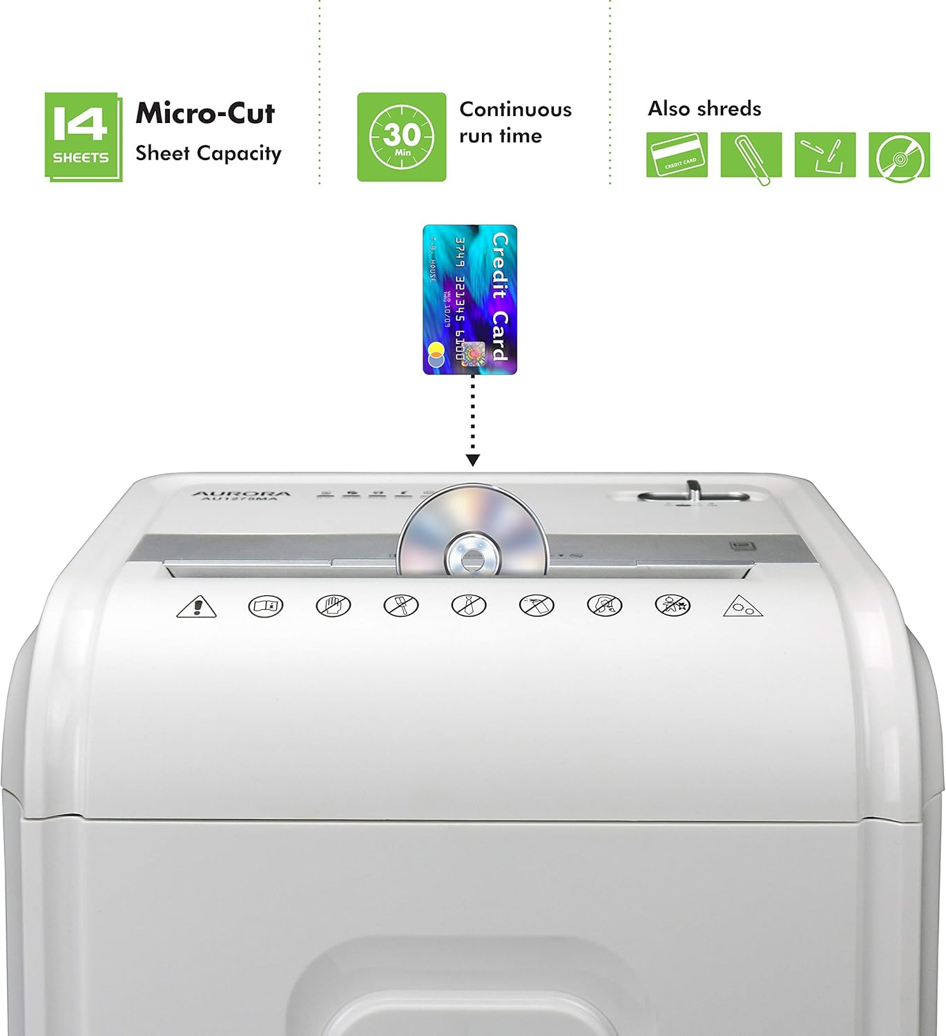 Aurora AU1480MA Professional Grade 14-Sheet Micro-Cut Paper and CD/Credit Card Shredder/ 30 Minutes Continuous Run Time, White/Gray