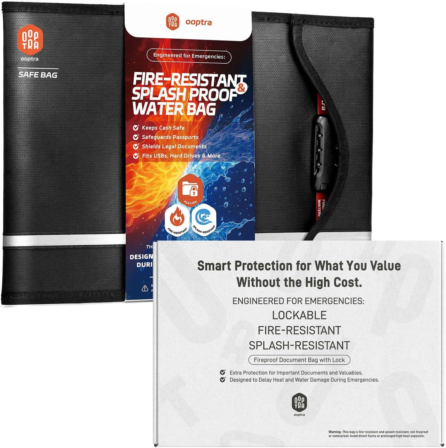 Fireproof Document Bag (Black) – Waterproof Zipper & Lock – for Home, Office & Travel – Holds Files, Cash, Passport, Valuables – Fire & Water Resistant