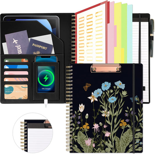 Clipboard with Storage for Men Women, Leather Padfolio Portfolio Organizer 5 Folders with 10 Pockets, Spiral Clipboard Folio with Notepad for Letter Size, Elastic Closure and Pen Loop Floral