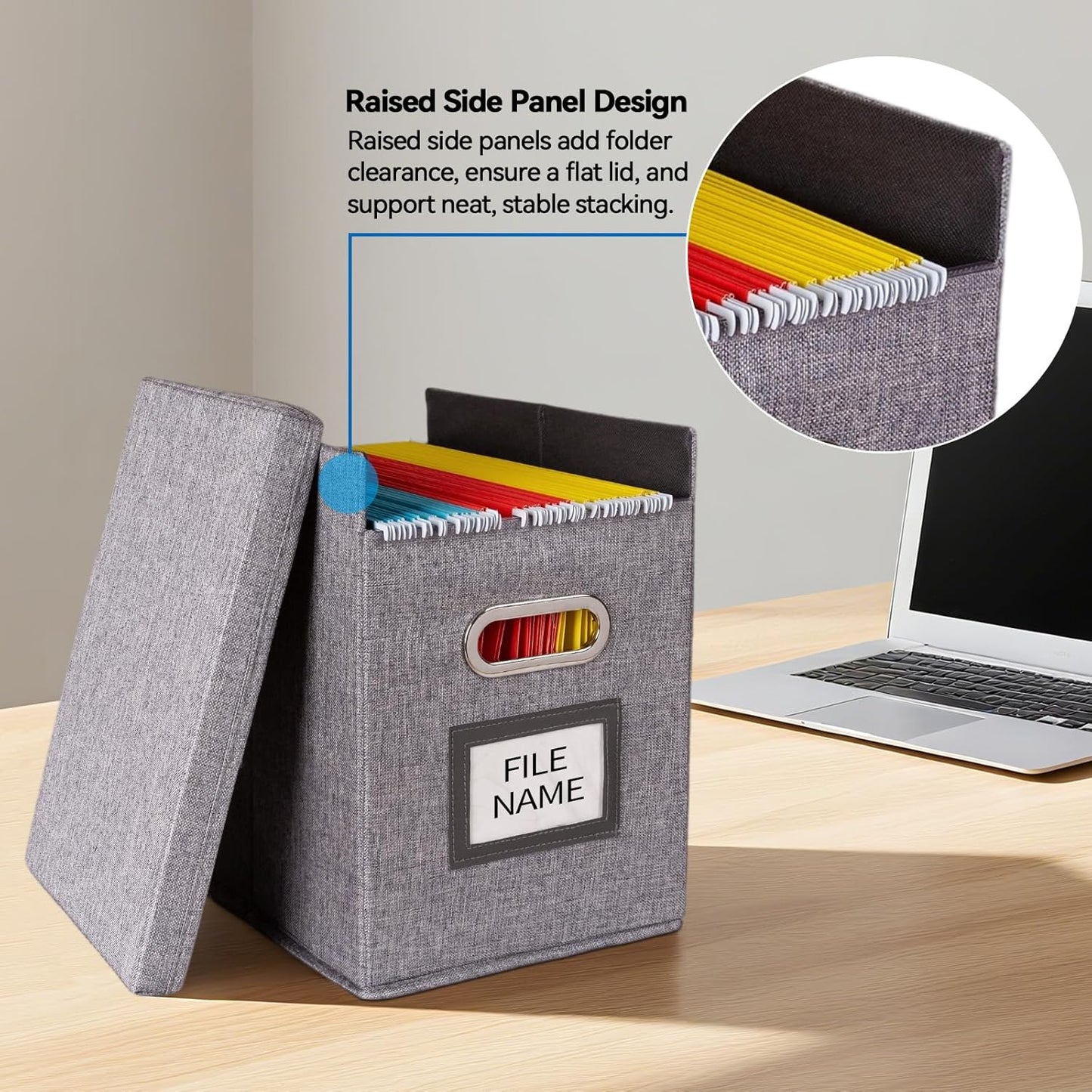 2 Pack Hanging File Folders Organizer with Lid, Letter Size Fabric File Storage Box Collapsible, Portable Office Document Holder with Metal Handle, Smooth PVC Rails, Gray